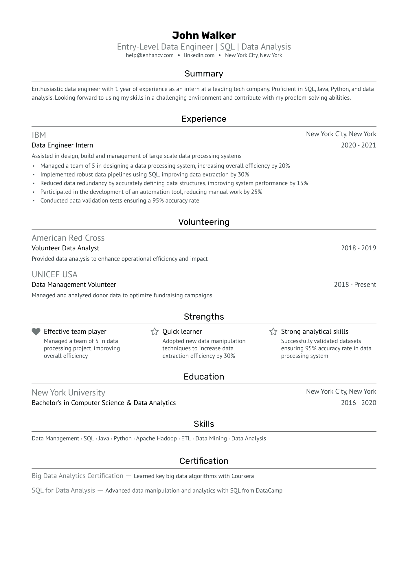 Entry Level Data Engineer Resume Example