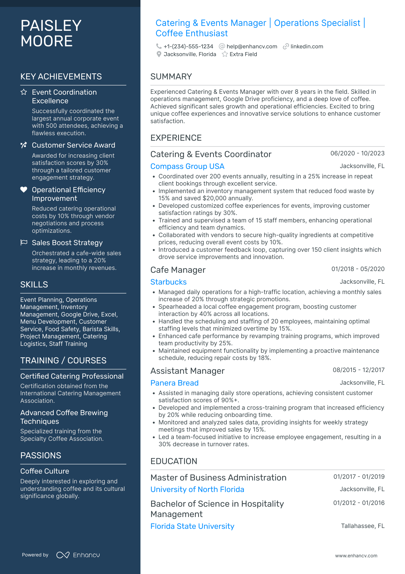 Catering Manager Resume Example