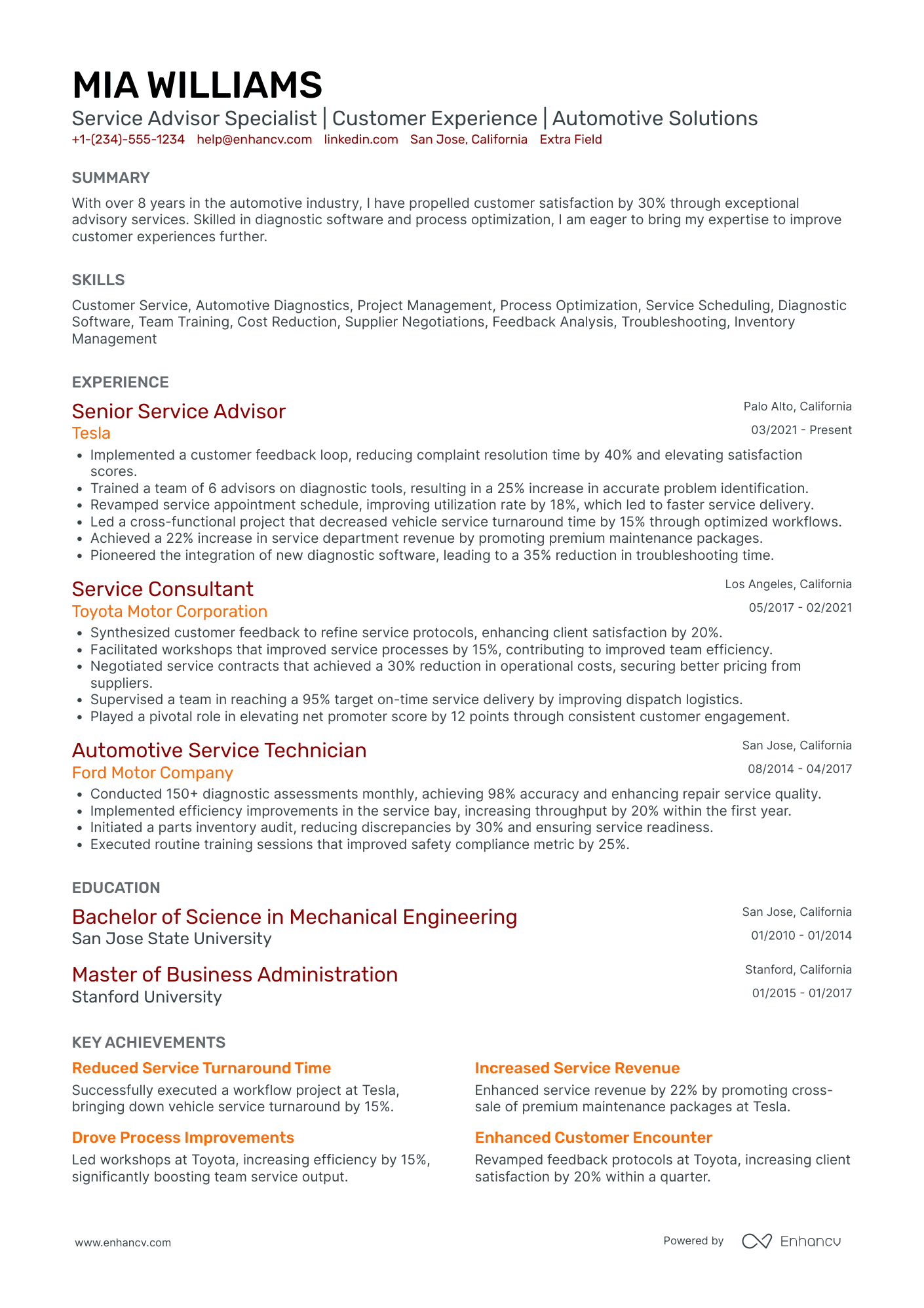 Service Advisor Specialist Resume Example