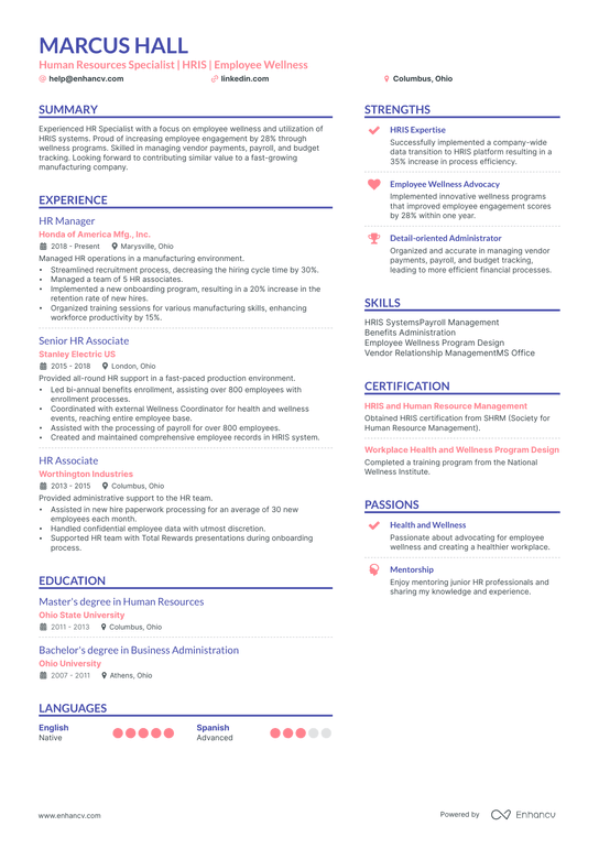 Human Resources Specialist Resume Example