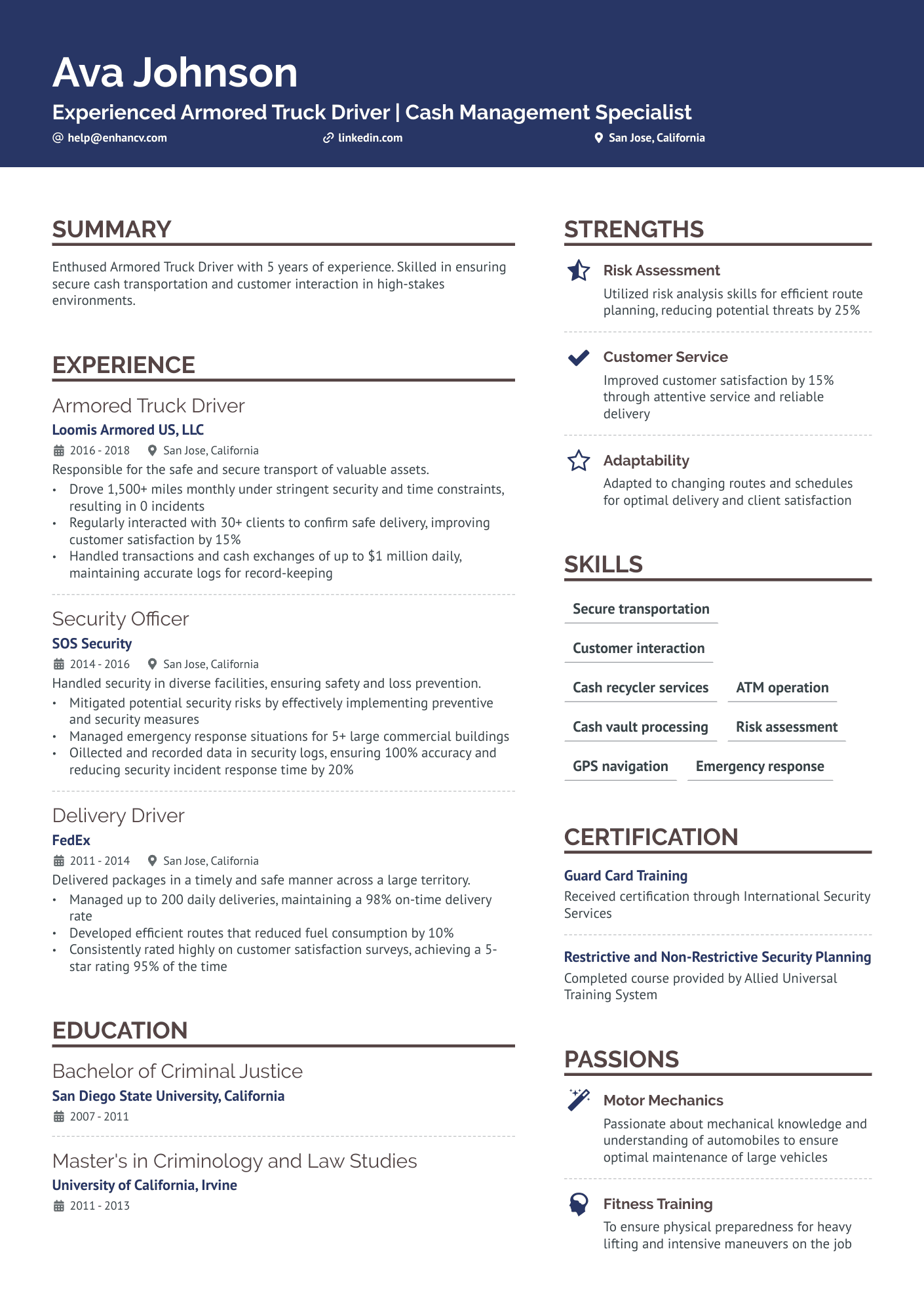 Armored Truck Driver Resume Example