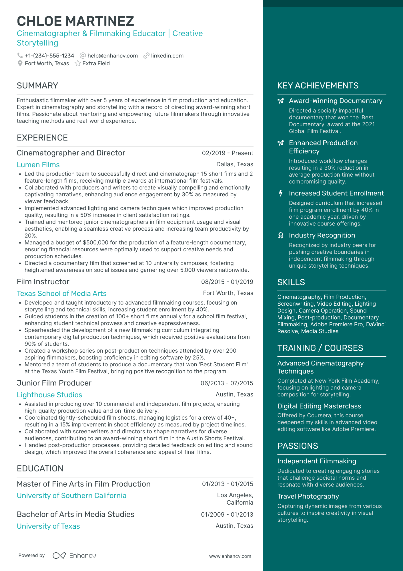 Feature Film Cinematographer Resume Example