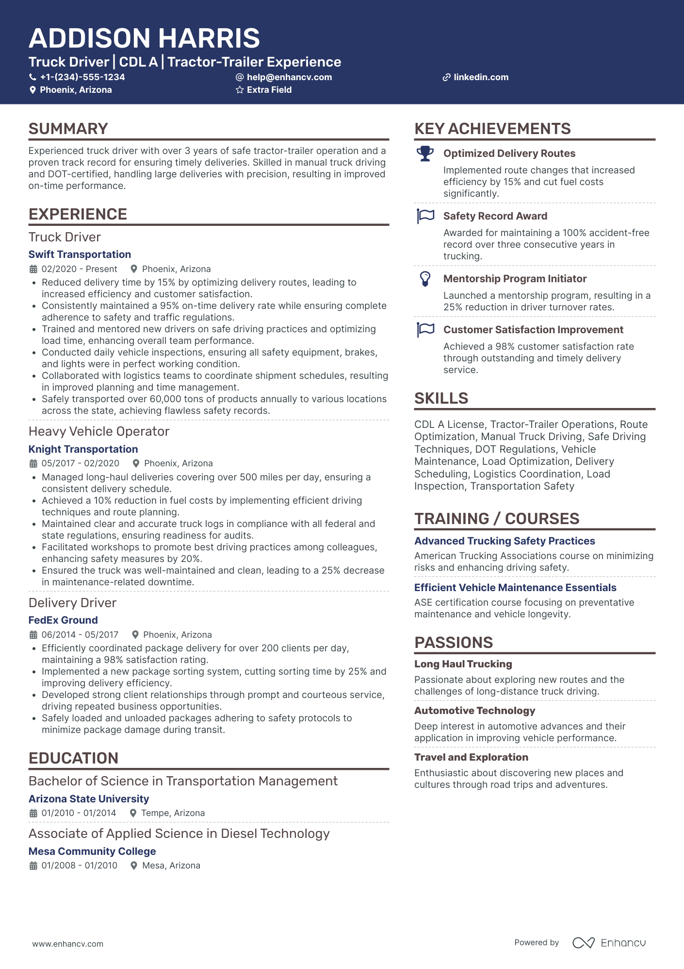 Experienced Driver Resume Example