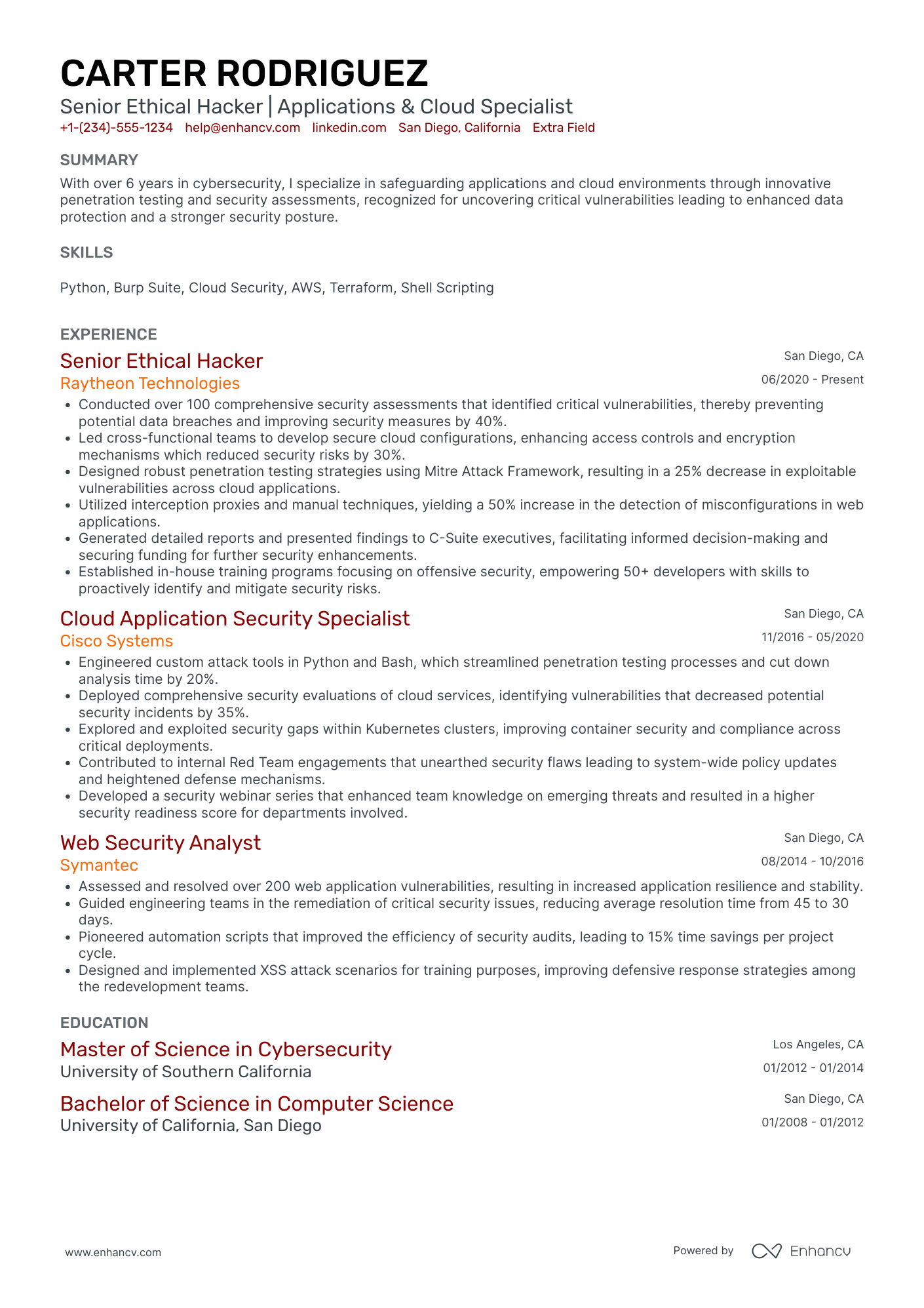 Ethical Hacker Specialist Resume Example