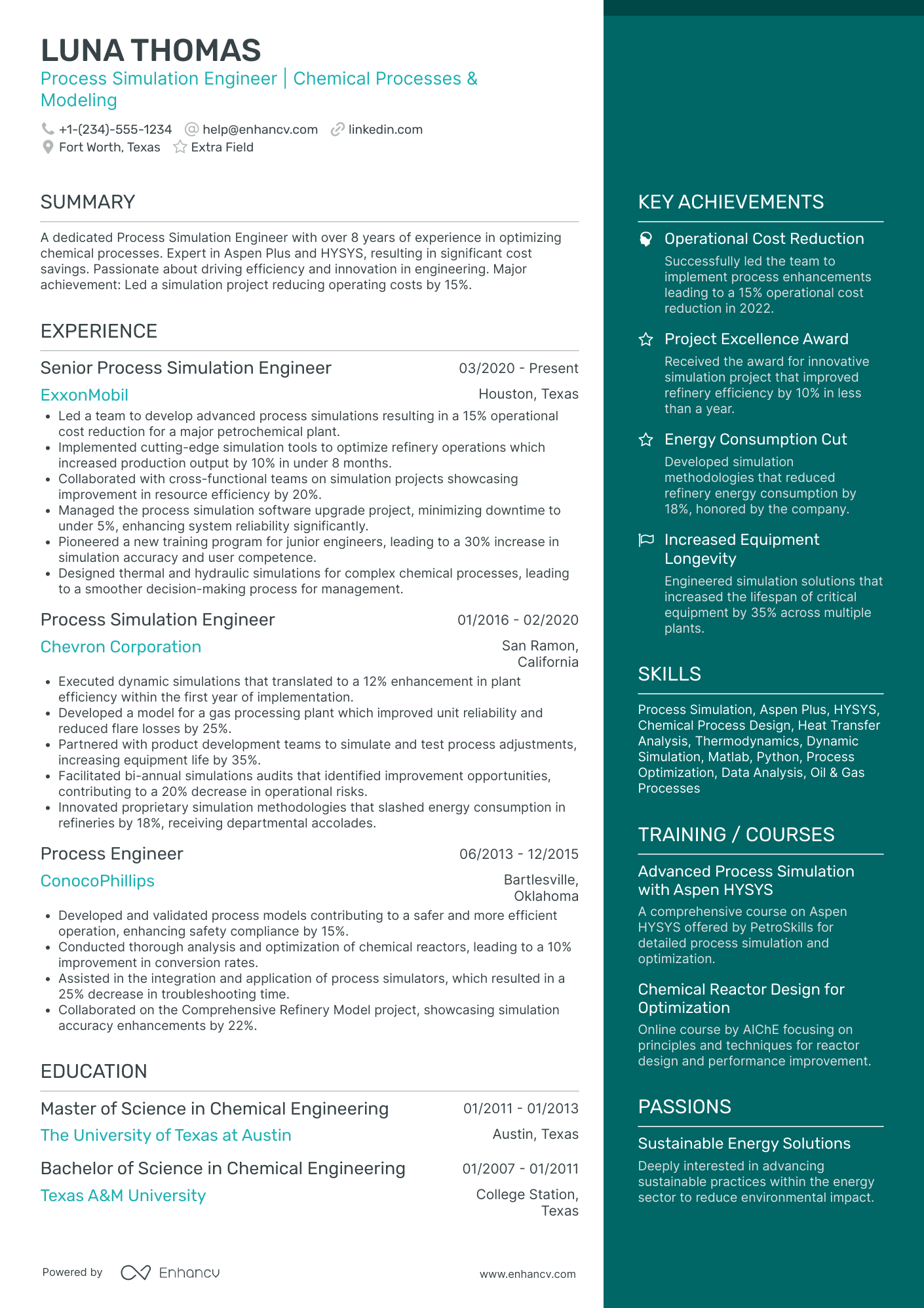 Process Simulation Engineer Resume Example