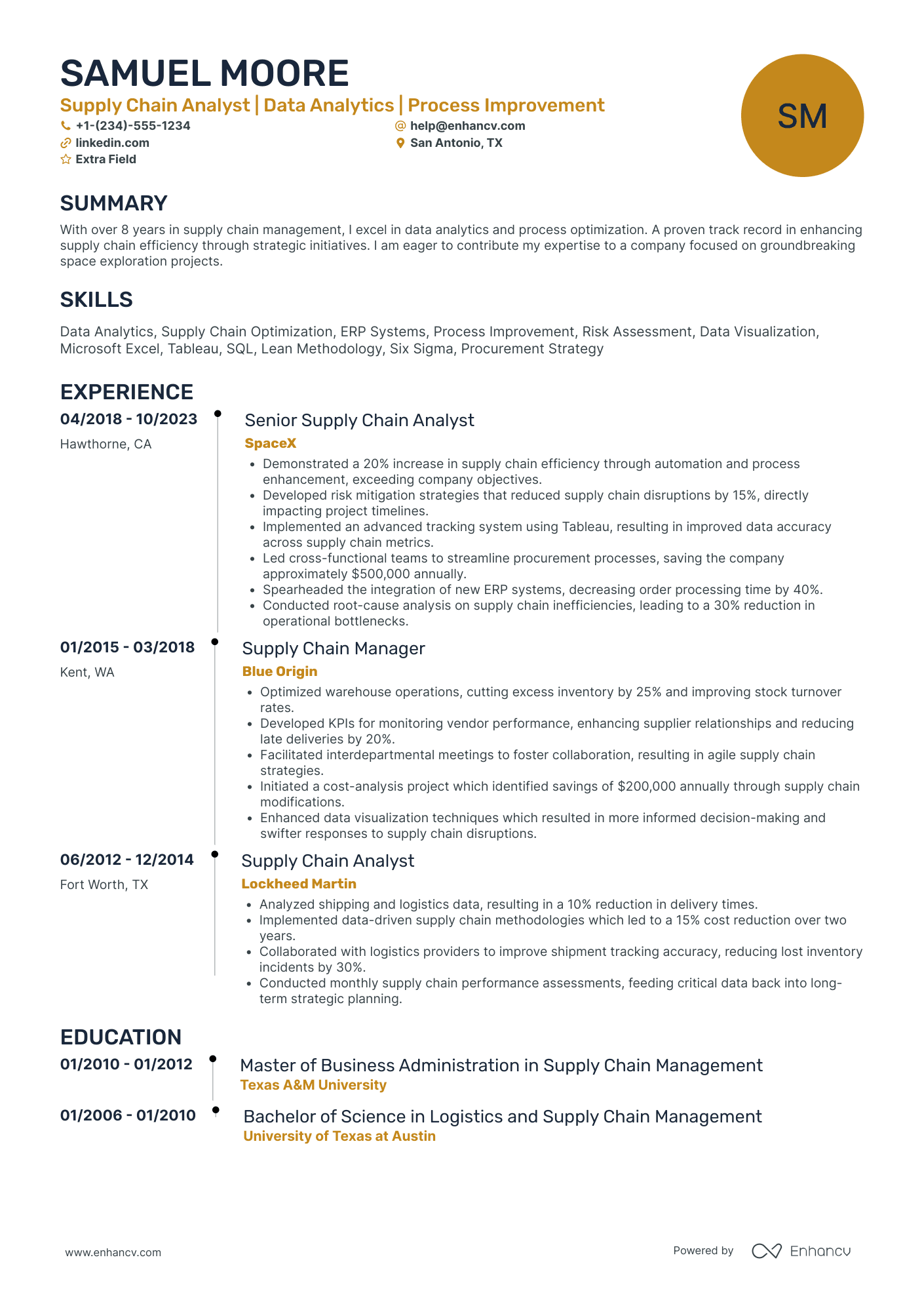 Supply Chain Performance Analyst Resume Example