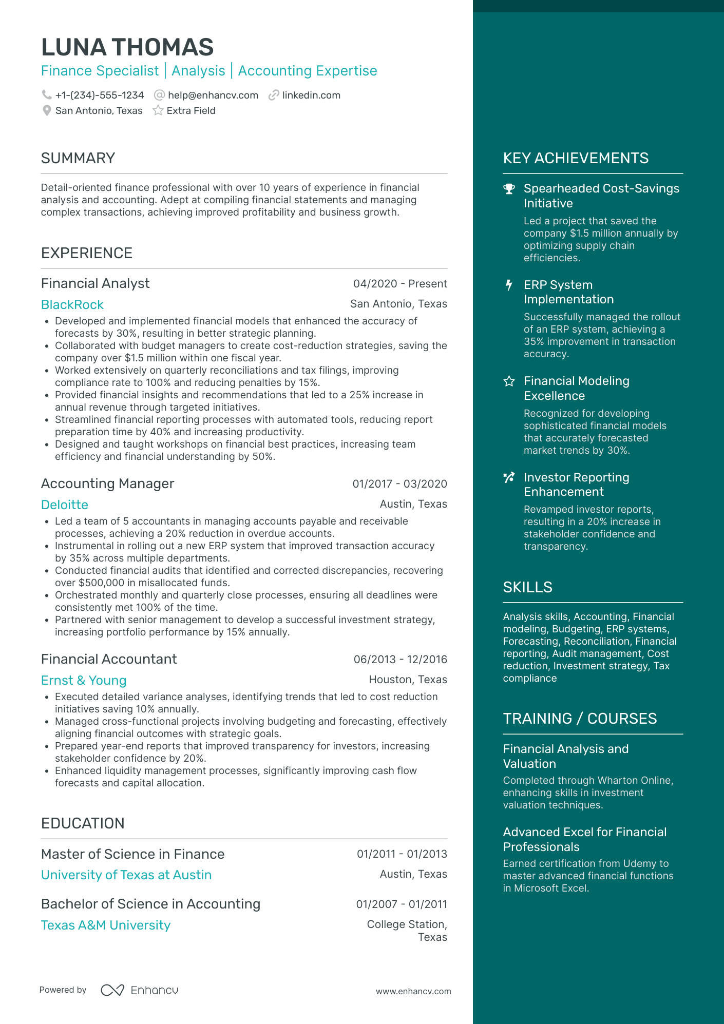 Finance Specialist Consultant Resume Example