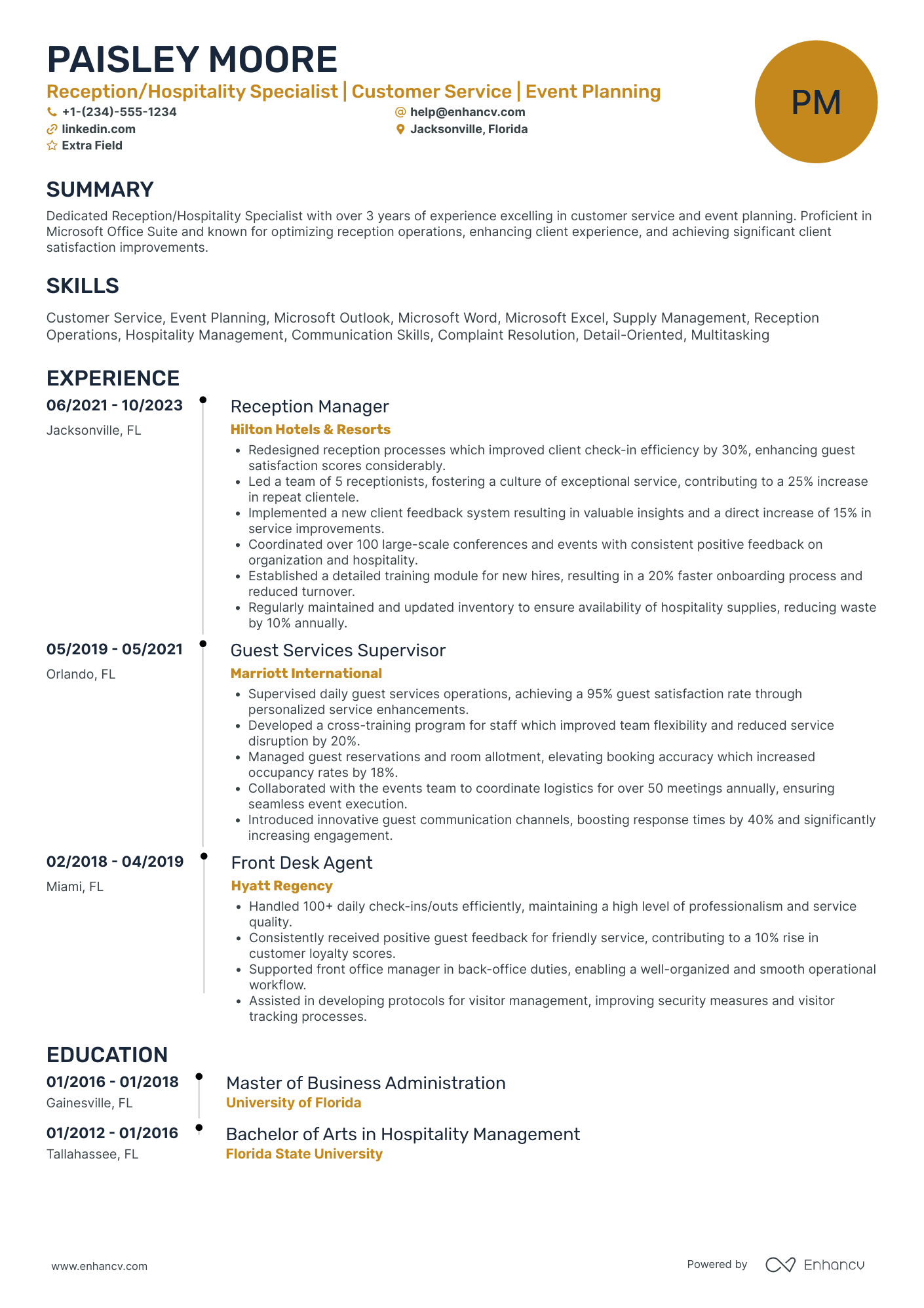 Hospitality Specialist Resume Example