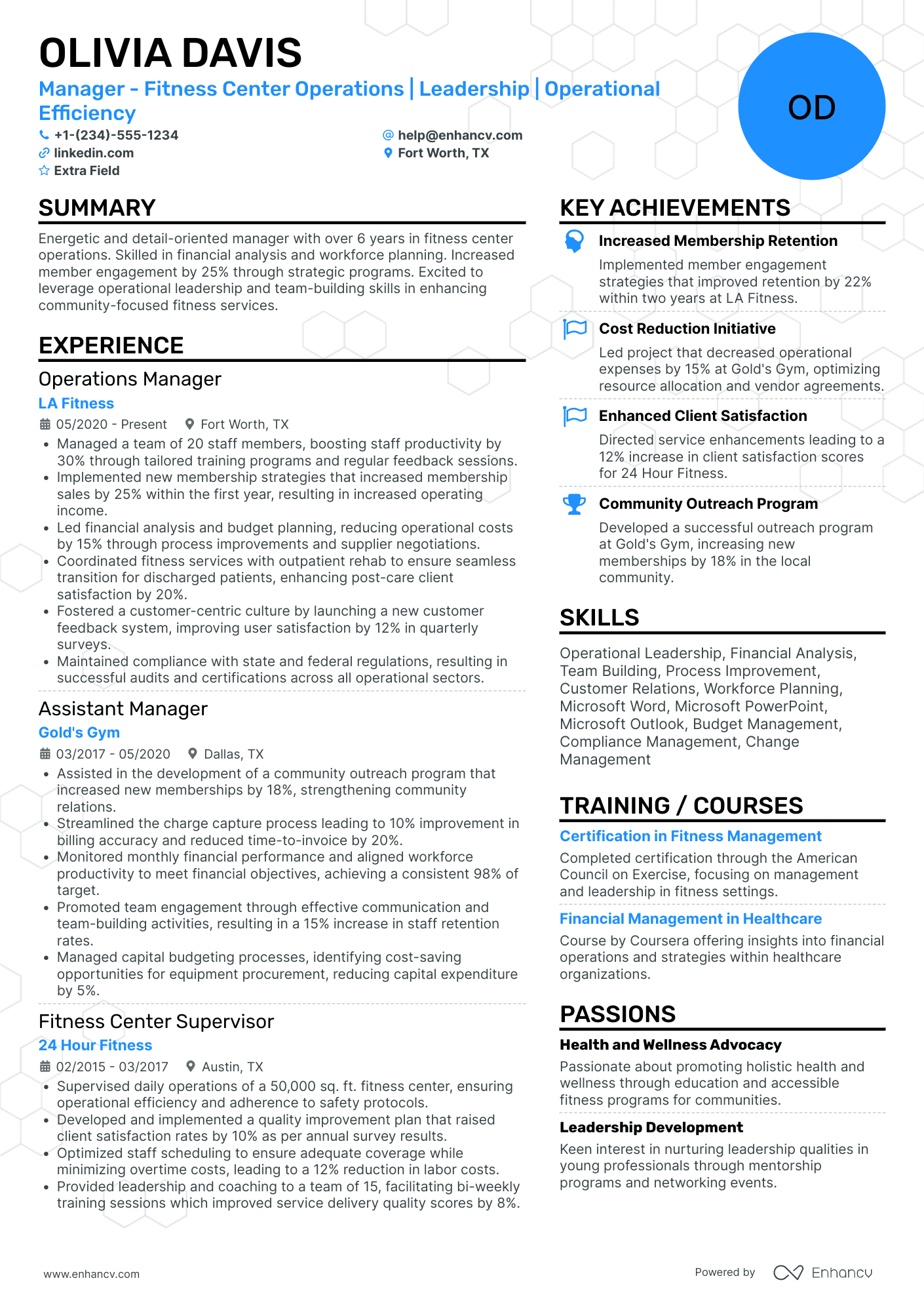 Fitness Operations Manager Resume Example