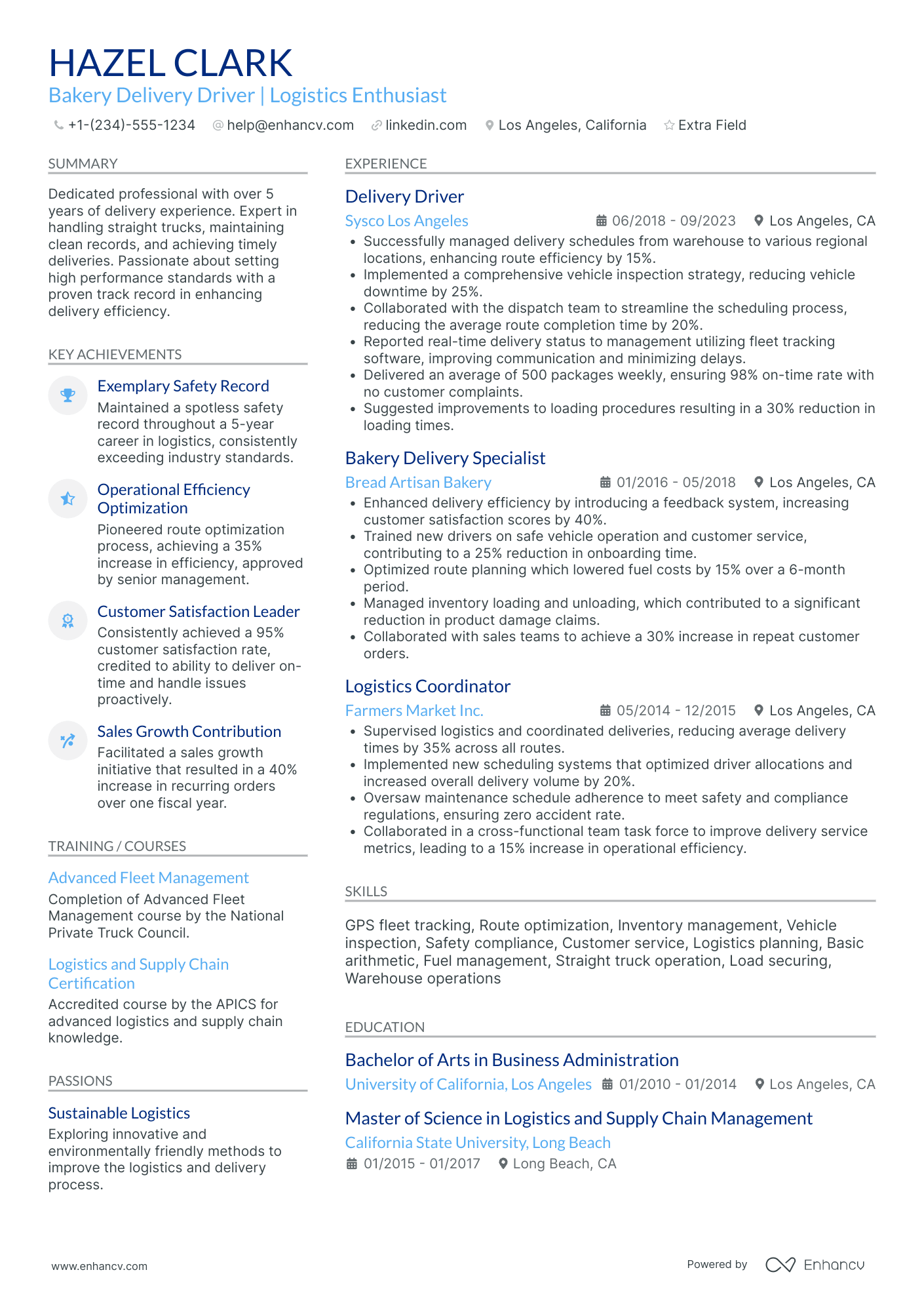 Bakery Delivery Driver Resume Example