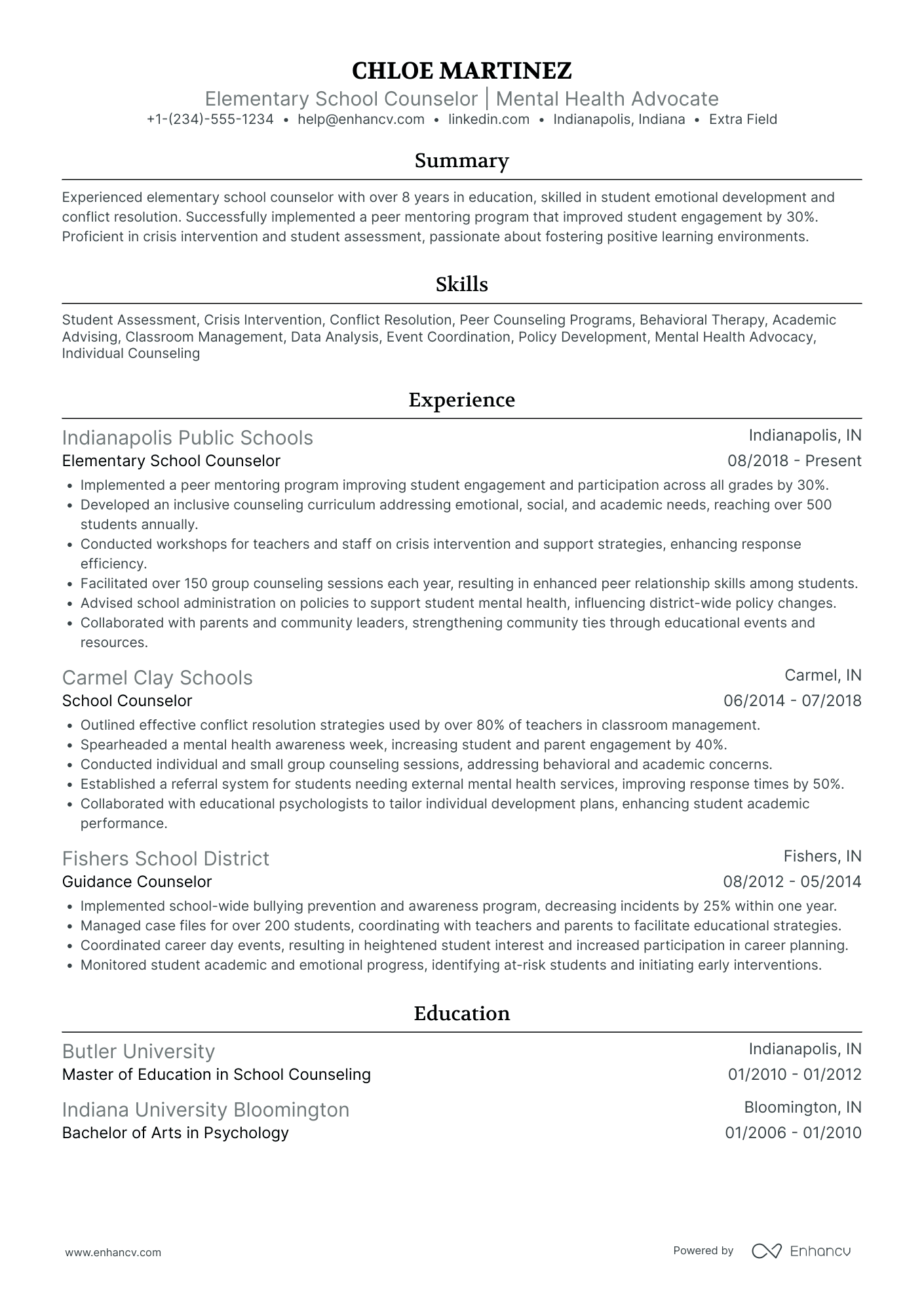 Elementary School Counselor Resume Example