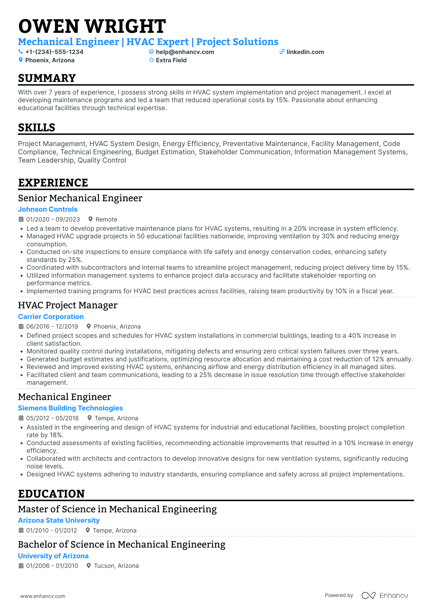 HVAC Mechanical Design Engineer Resume Example