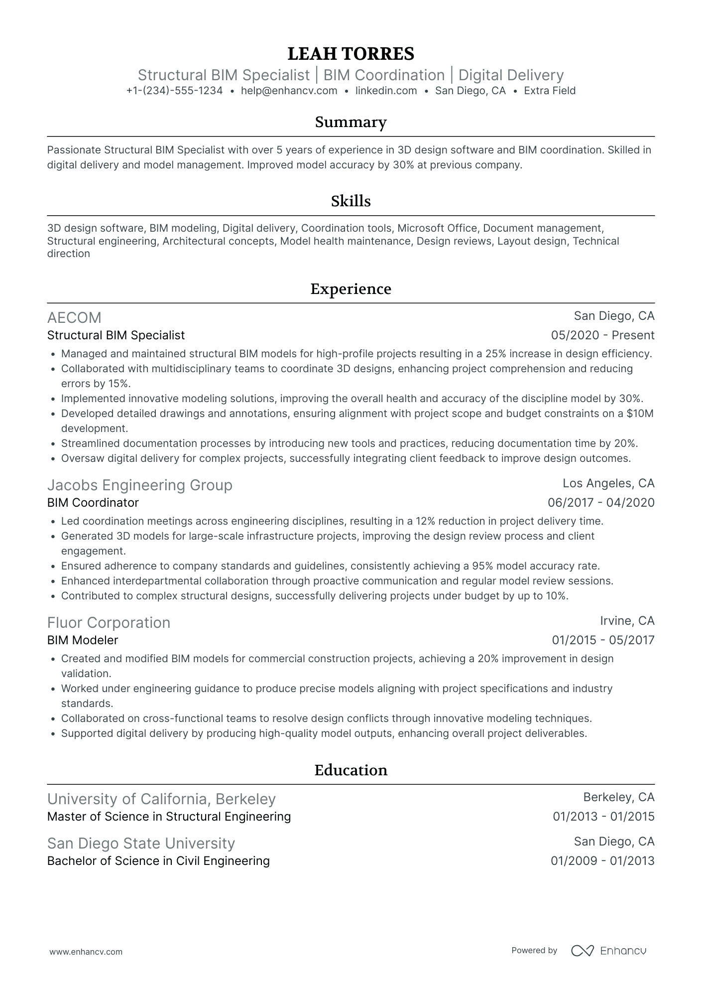 Structural BIM Engineer Resume Example