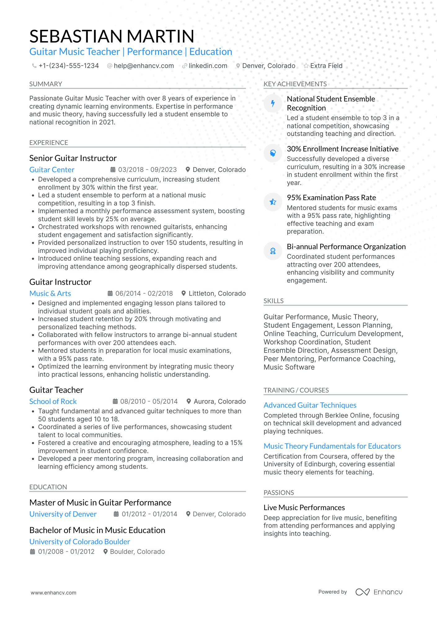 Guitar Music Teacher Resume Example