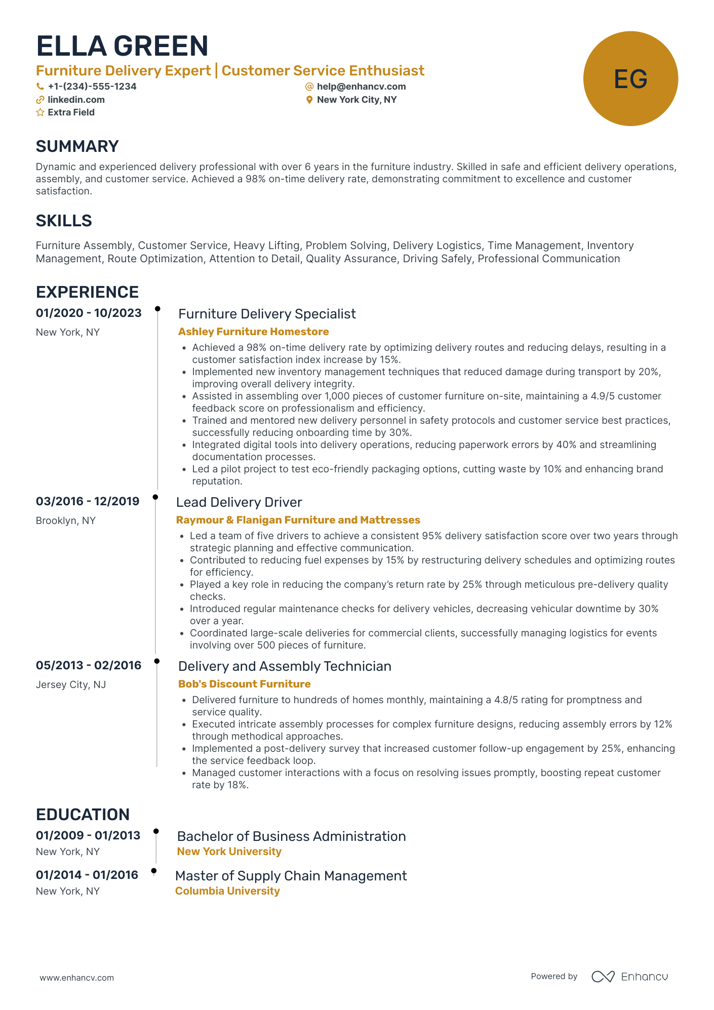 Furniture Delivery Driver Resume Example