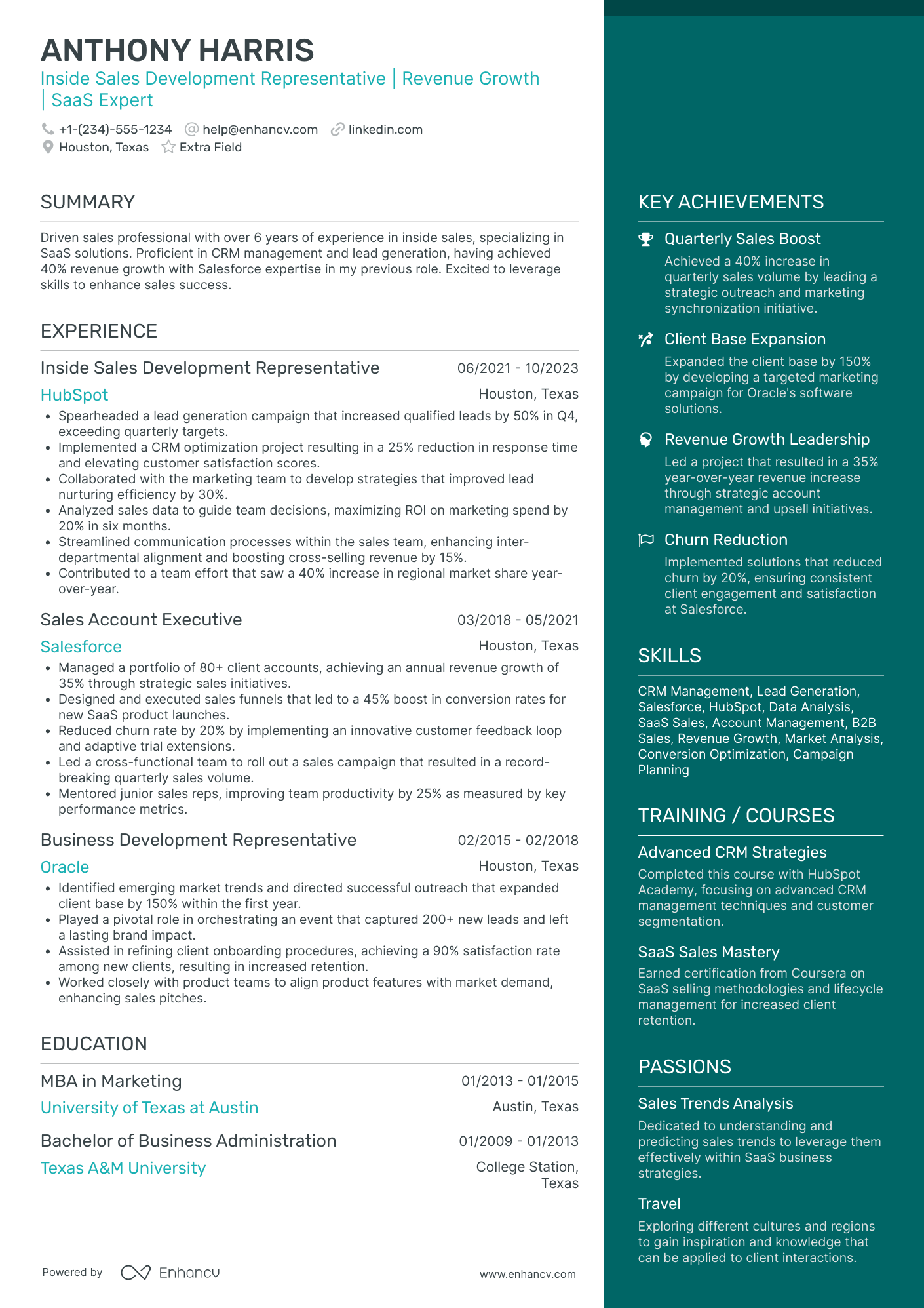 Inside Sales Development Representative Resume Example