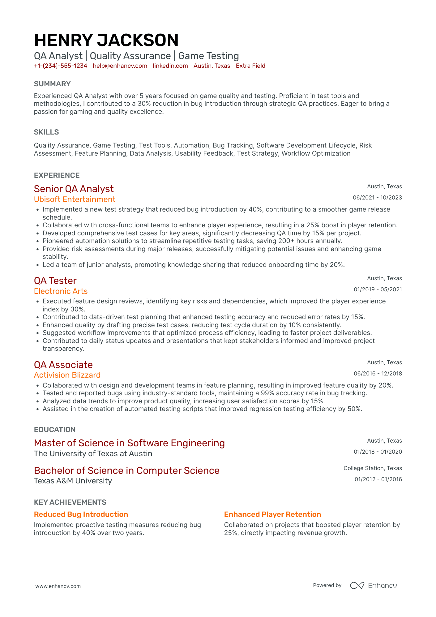 QA Analyst I (Entry Level) Resume Example