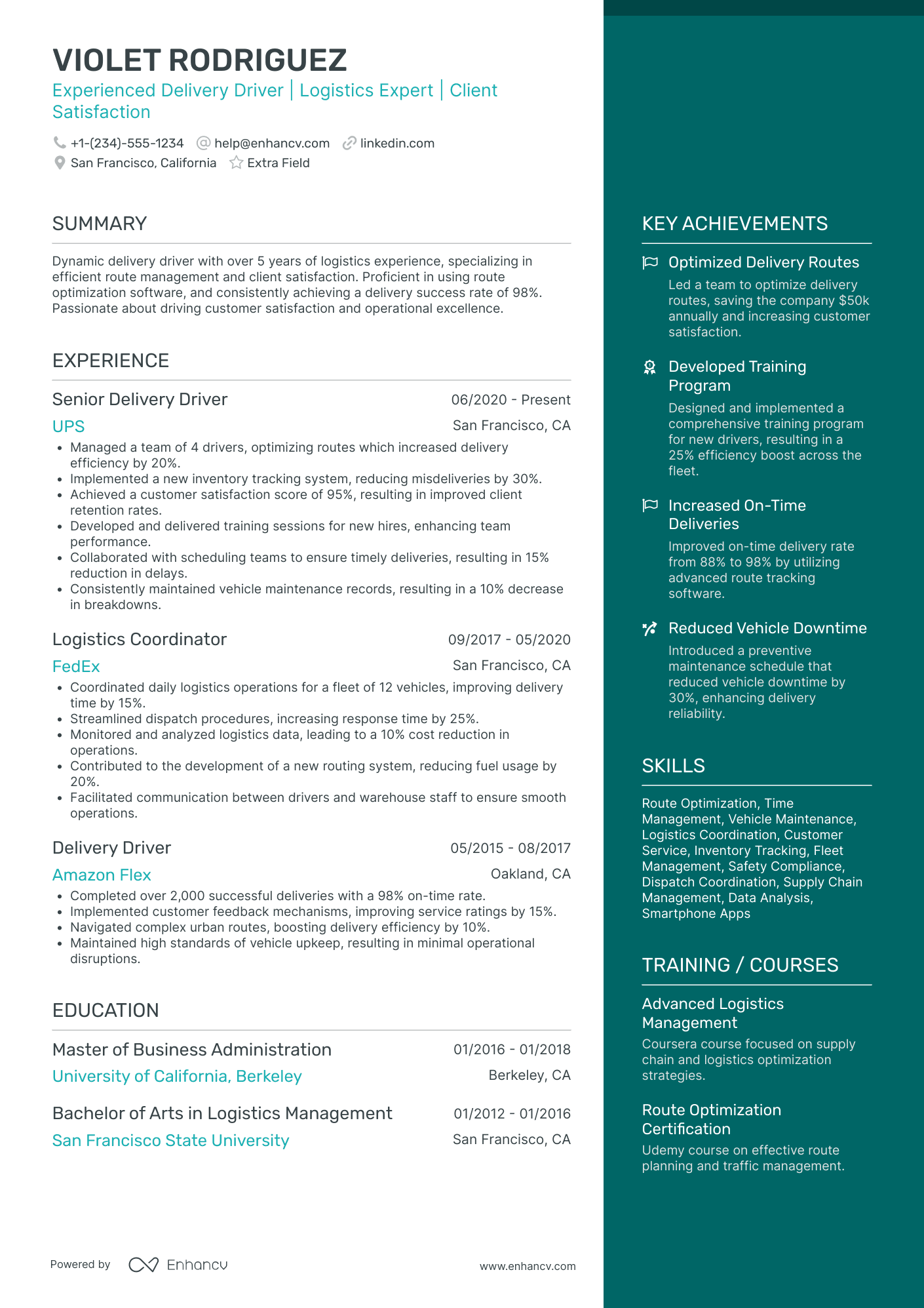 Senior Delivery Driver Resume Example