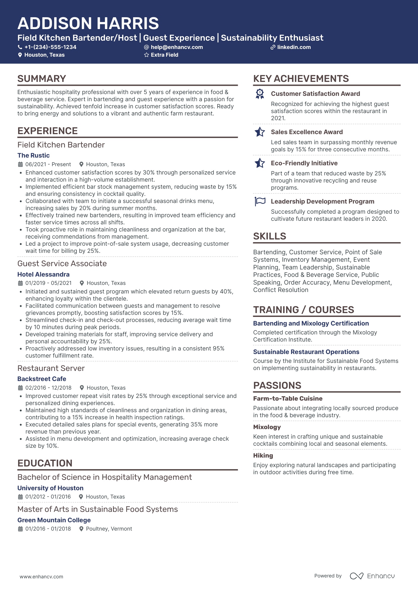 Bartender/Host Resume Example