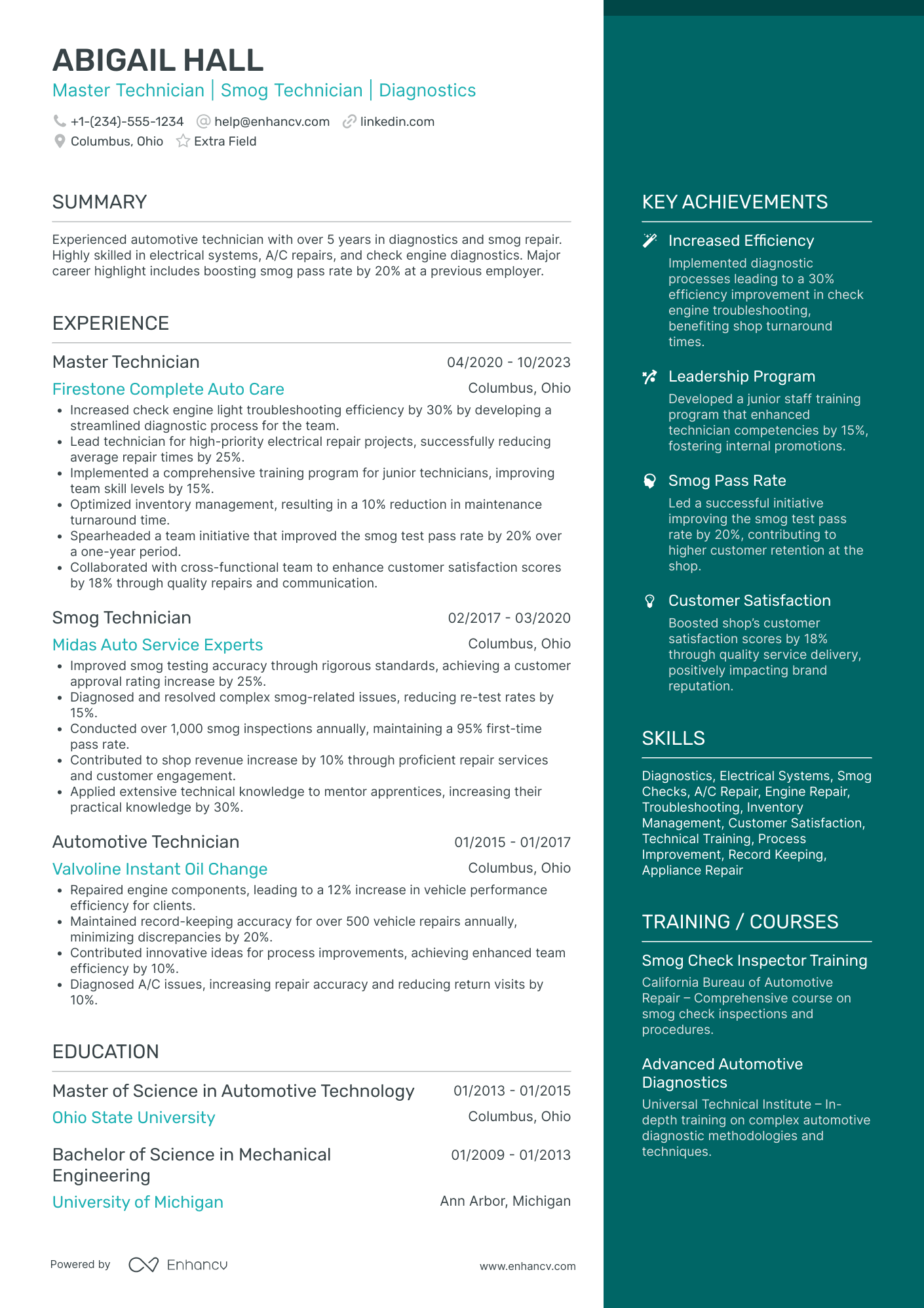 Master Automotive Technician Resume Example