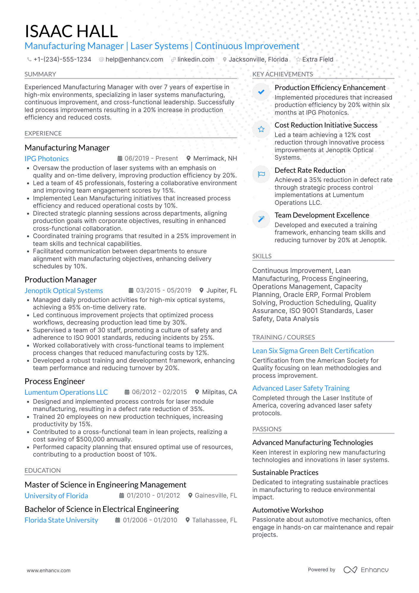 Manufacturing Process Improvement Manager Resume Example