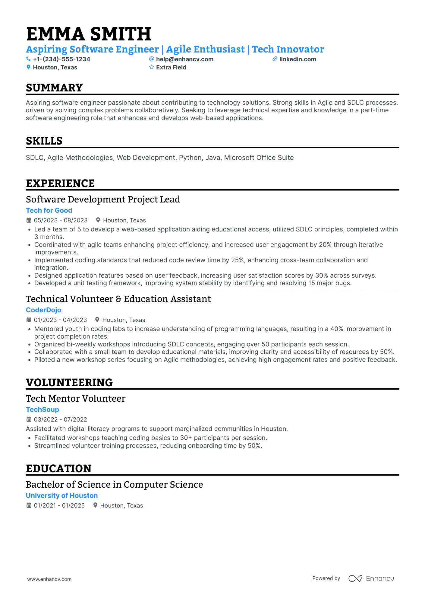 Computer Science Intern Resume Example