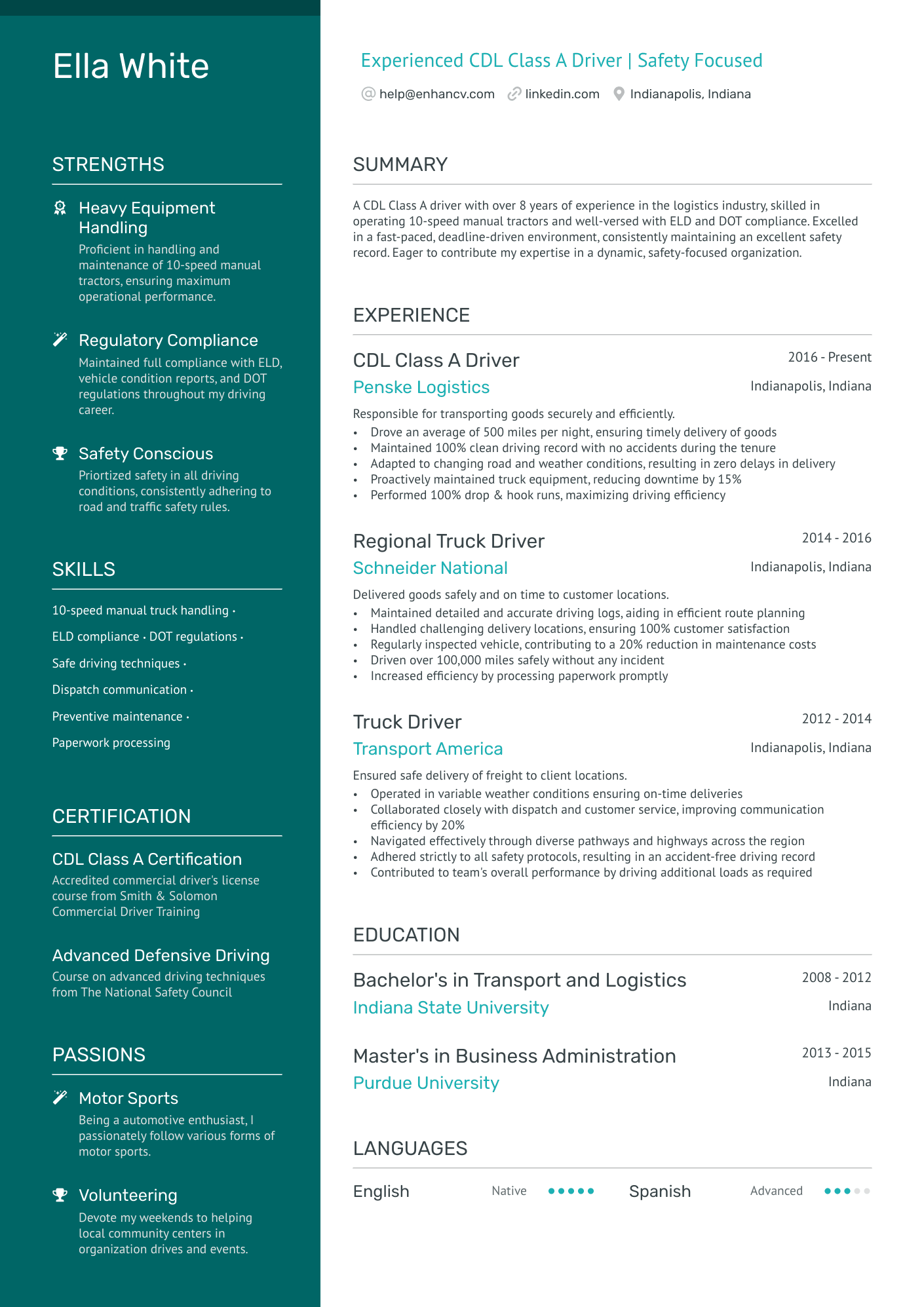 Class A Delivery Truck Driver Resume Example