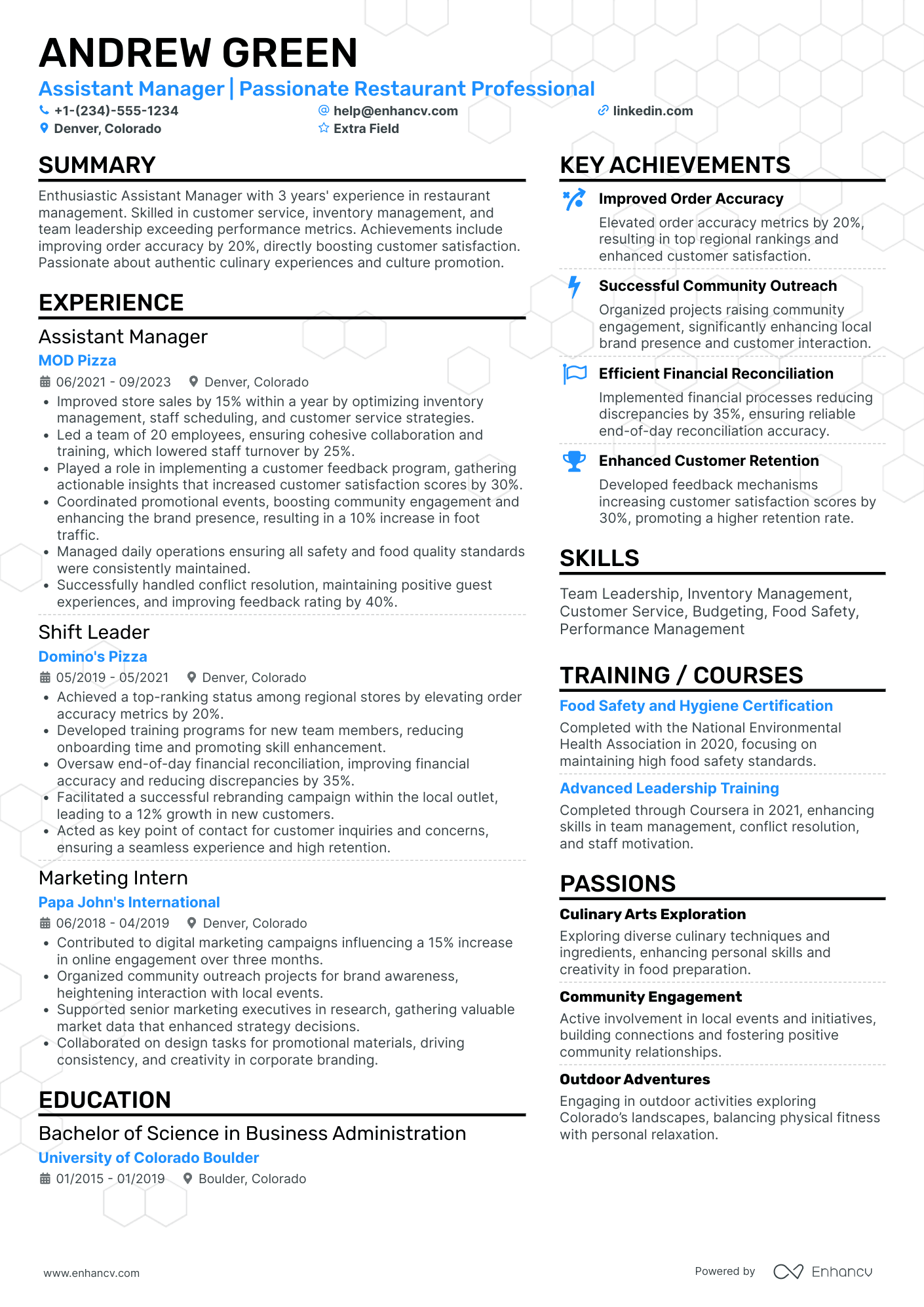 Fast Food Assistant Manager Resume Example