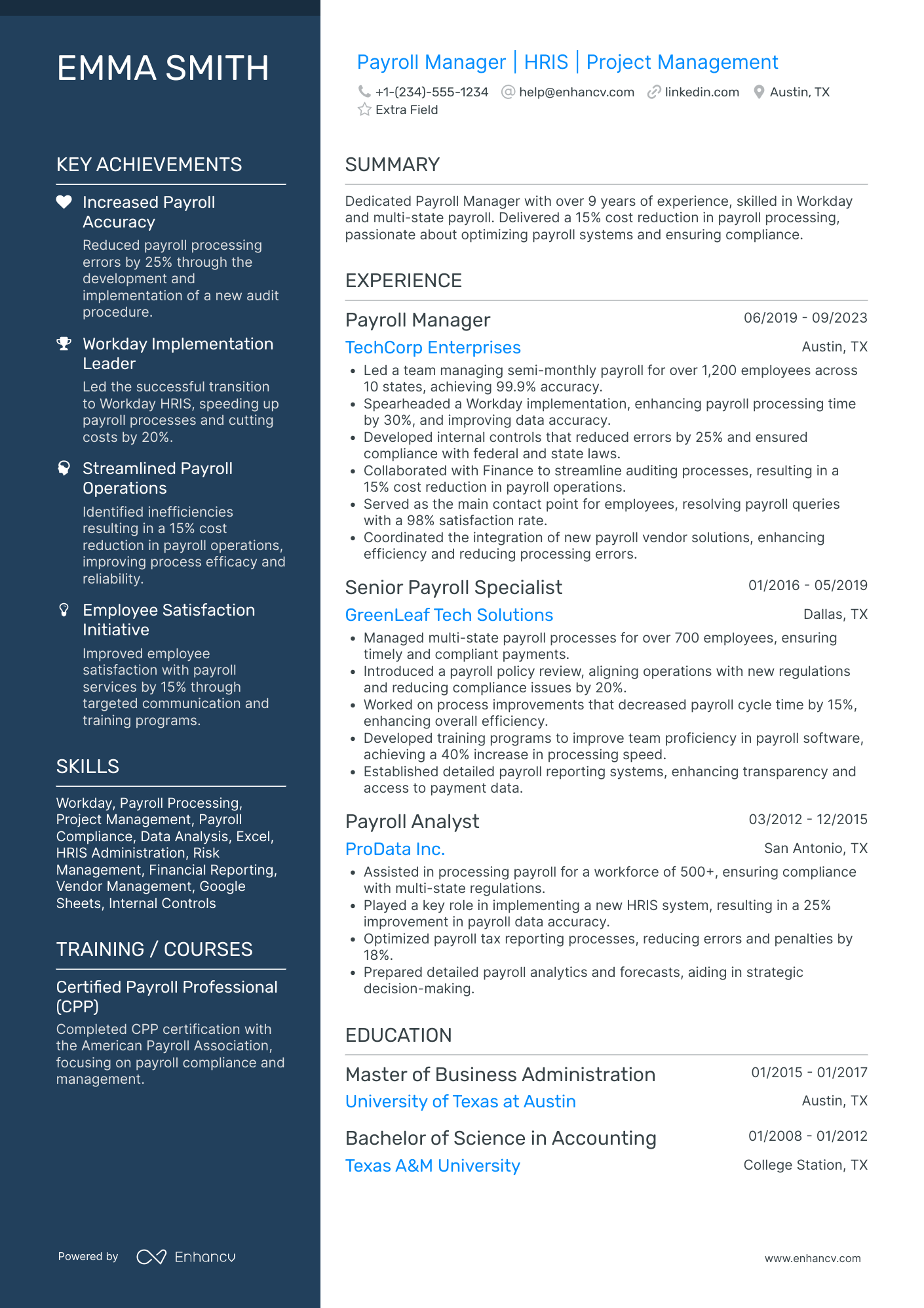 Payroll Project Manager Resume Example