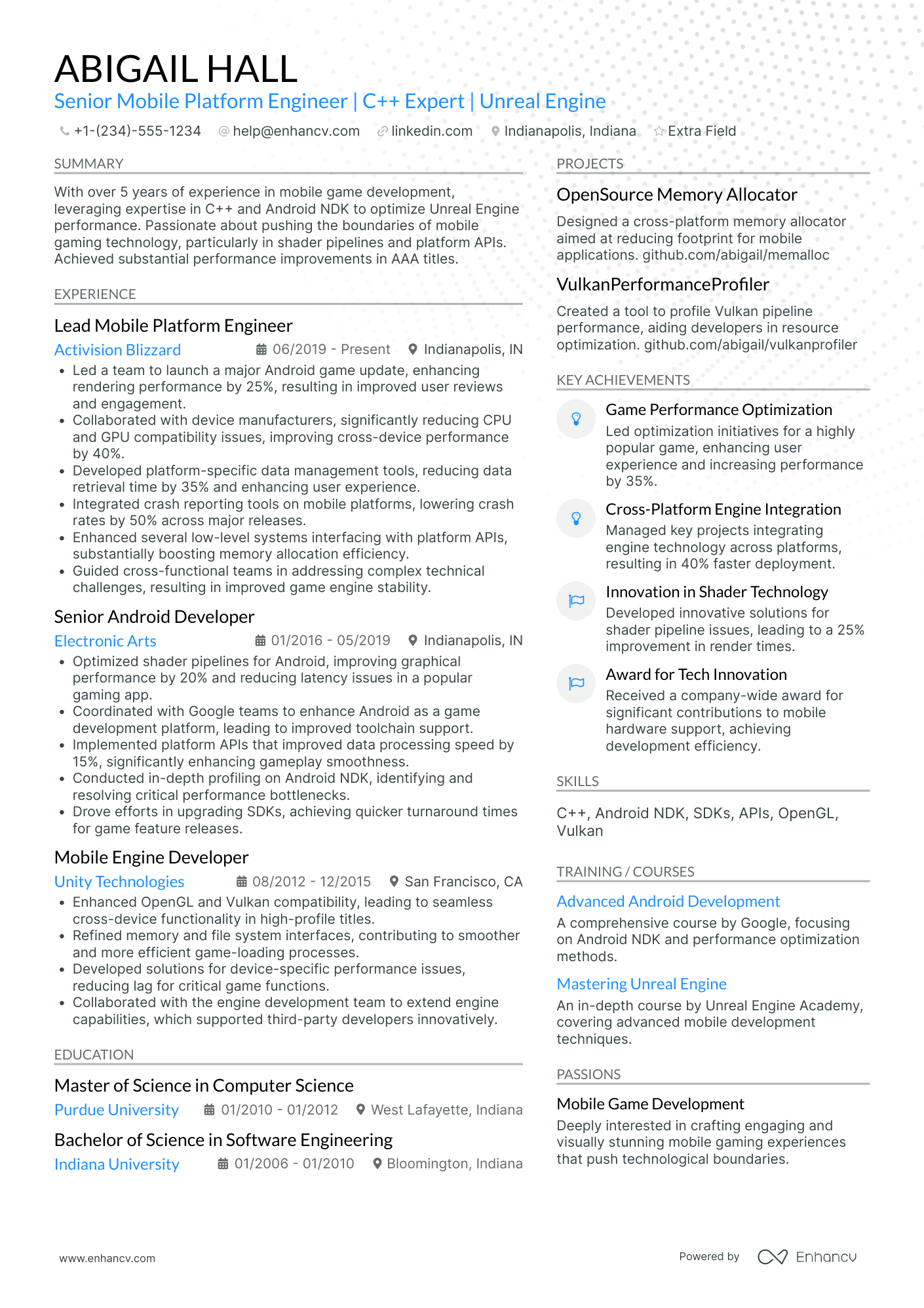 Android Game Developer Resume Example