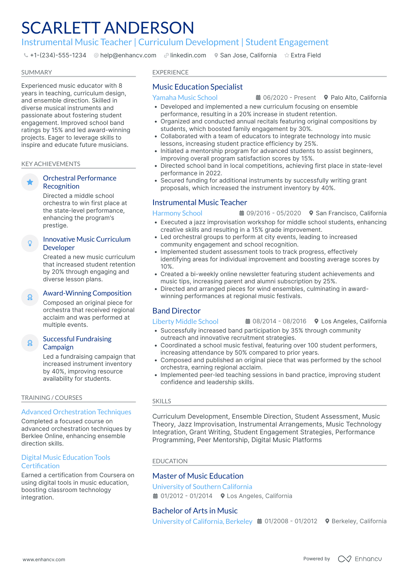 Instrumental Music Teacher Resume Example