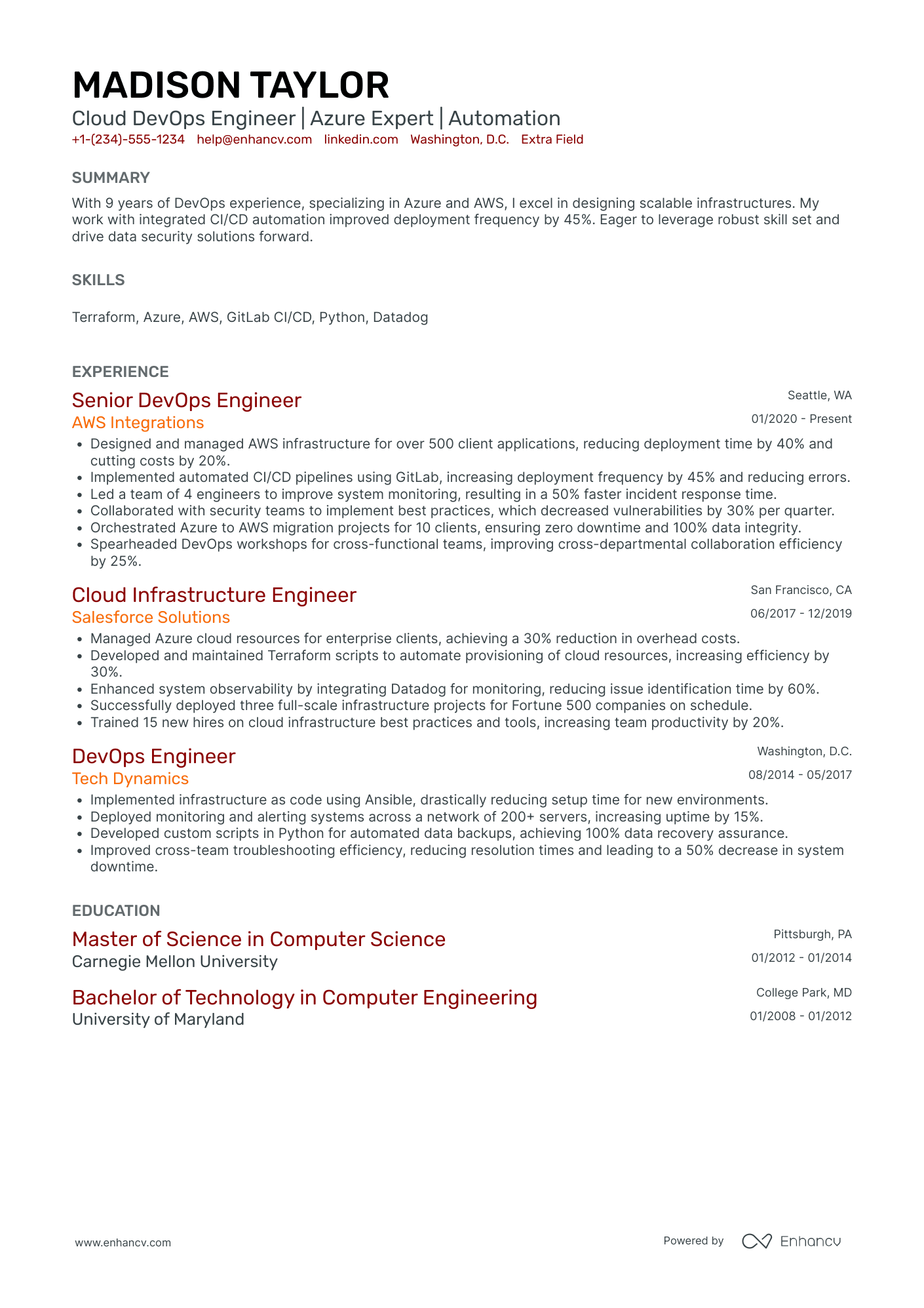 Devops Cloud Engineer Resume Example