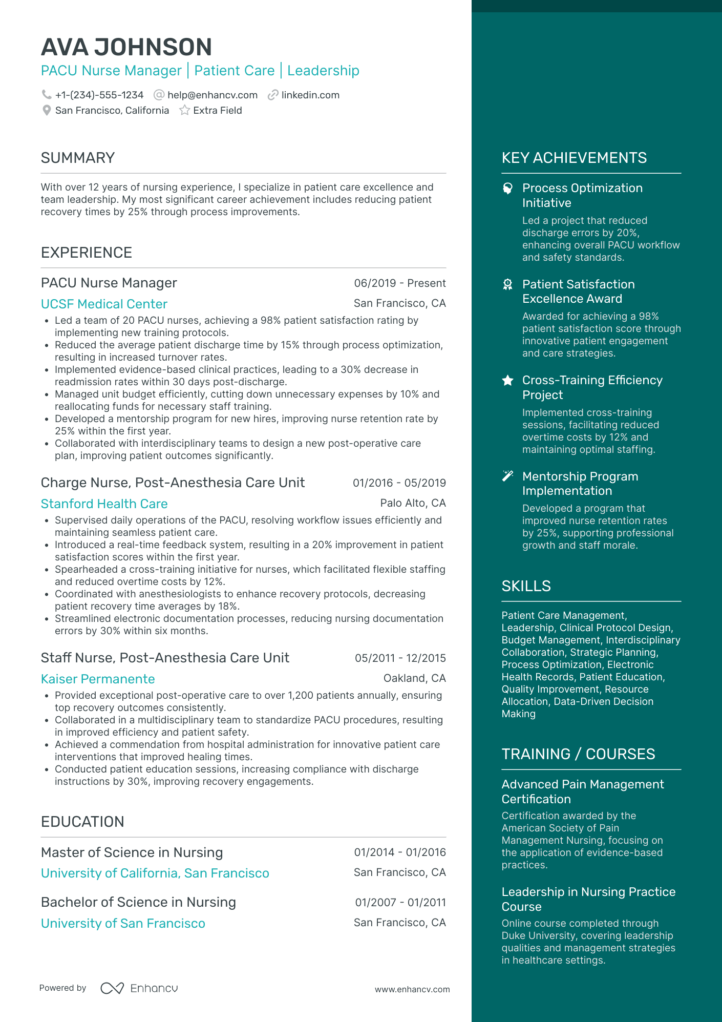 PACU Nurse Manager Resume Example