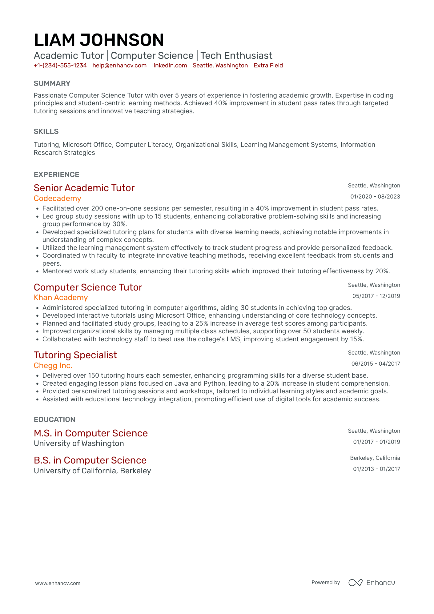 Computer Science Tutor Resume Example