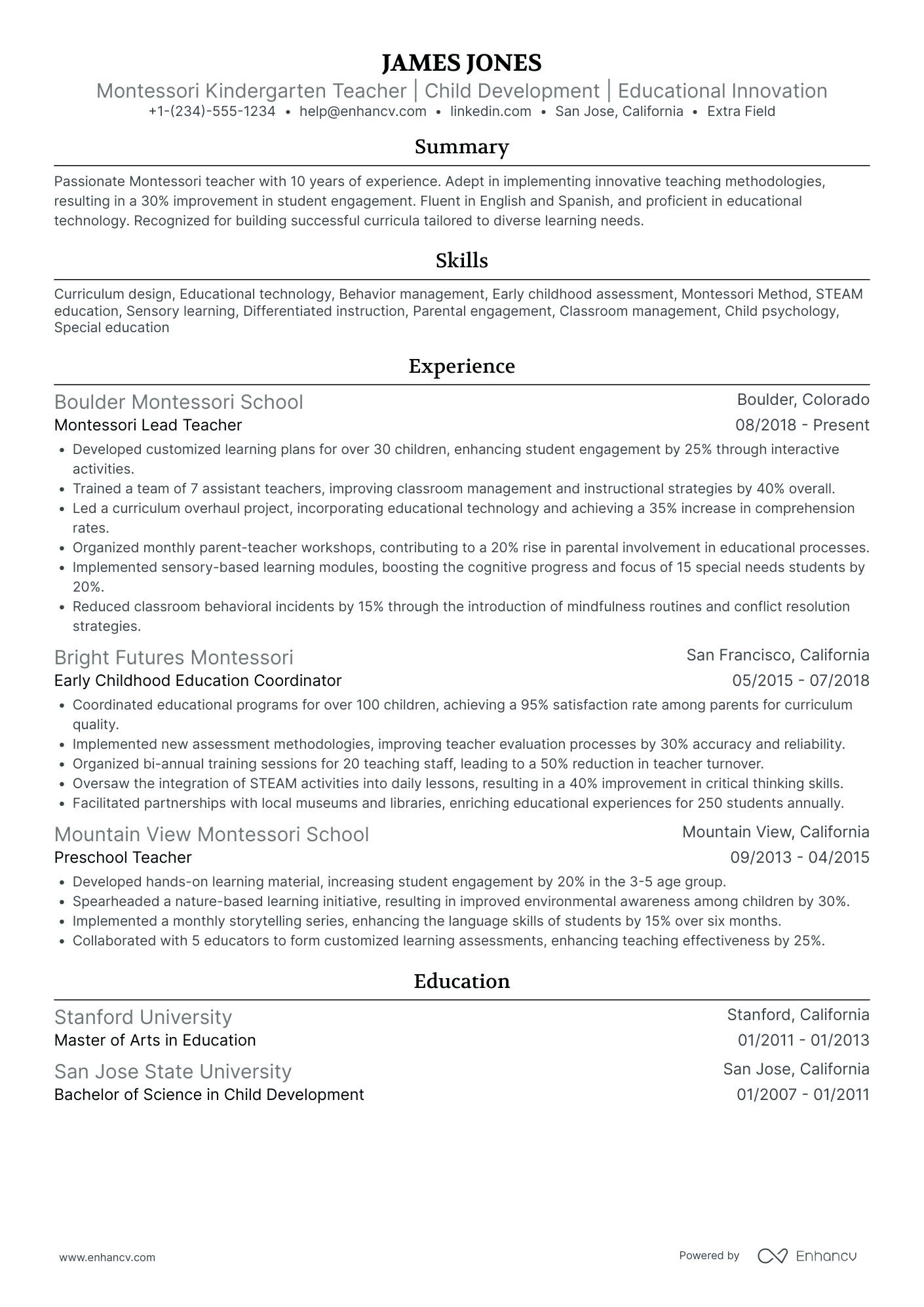 Montessori Kindergarten Teacher Resume Example