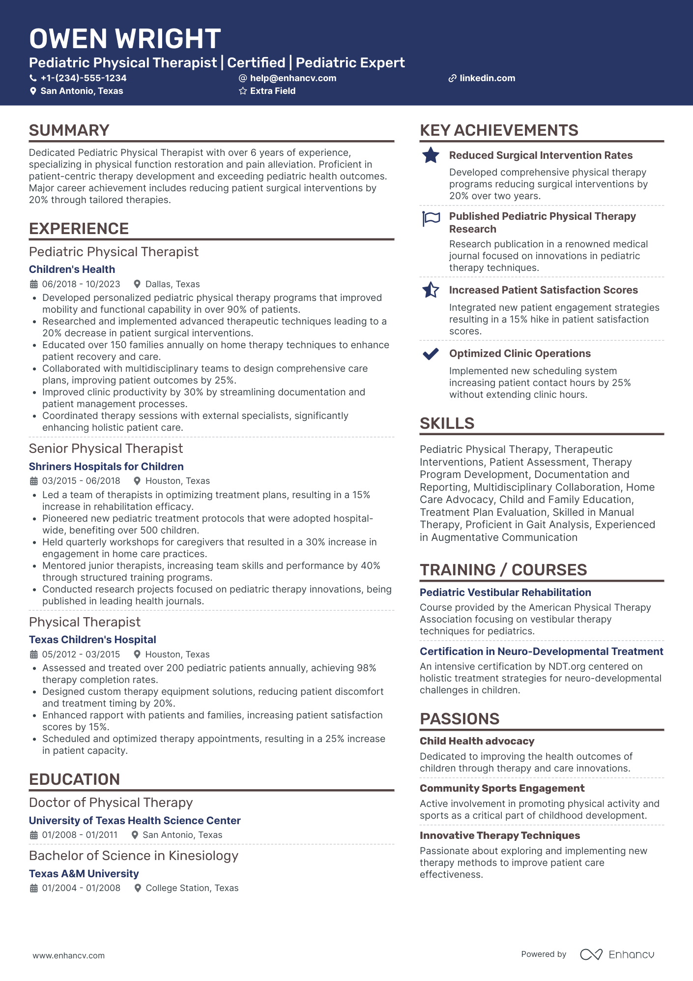 Pediatric Physical Therapist Resume Example