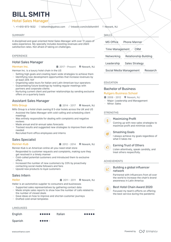Hotel Sales Manager Resume Example