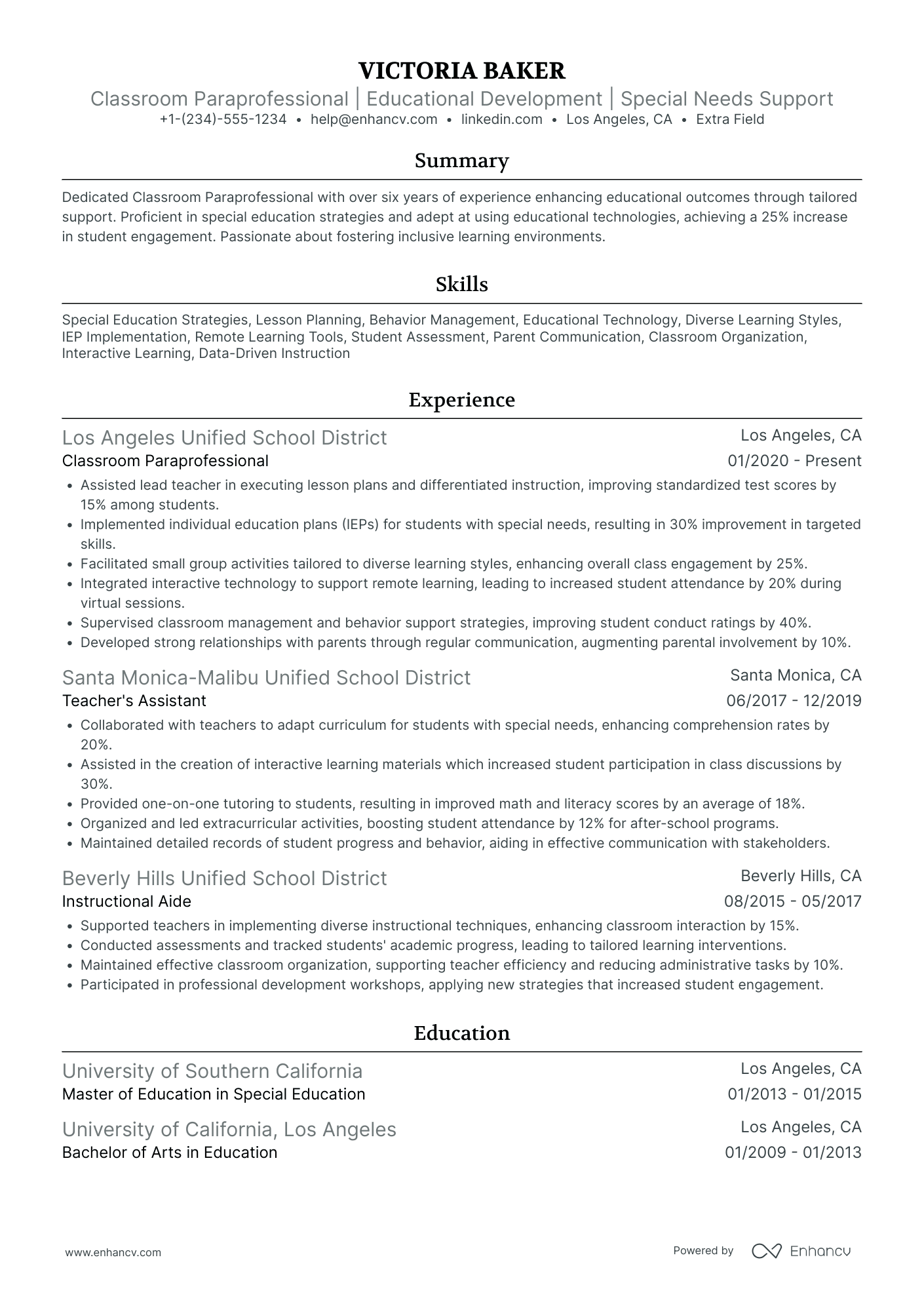 Classroom Paraprofessional Resume Example