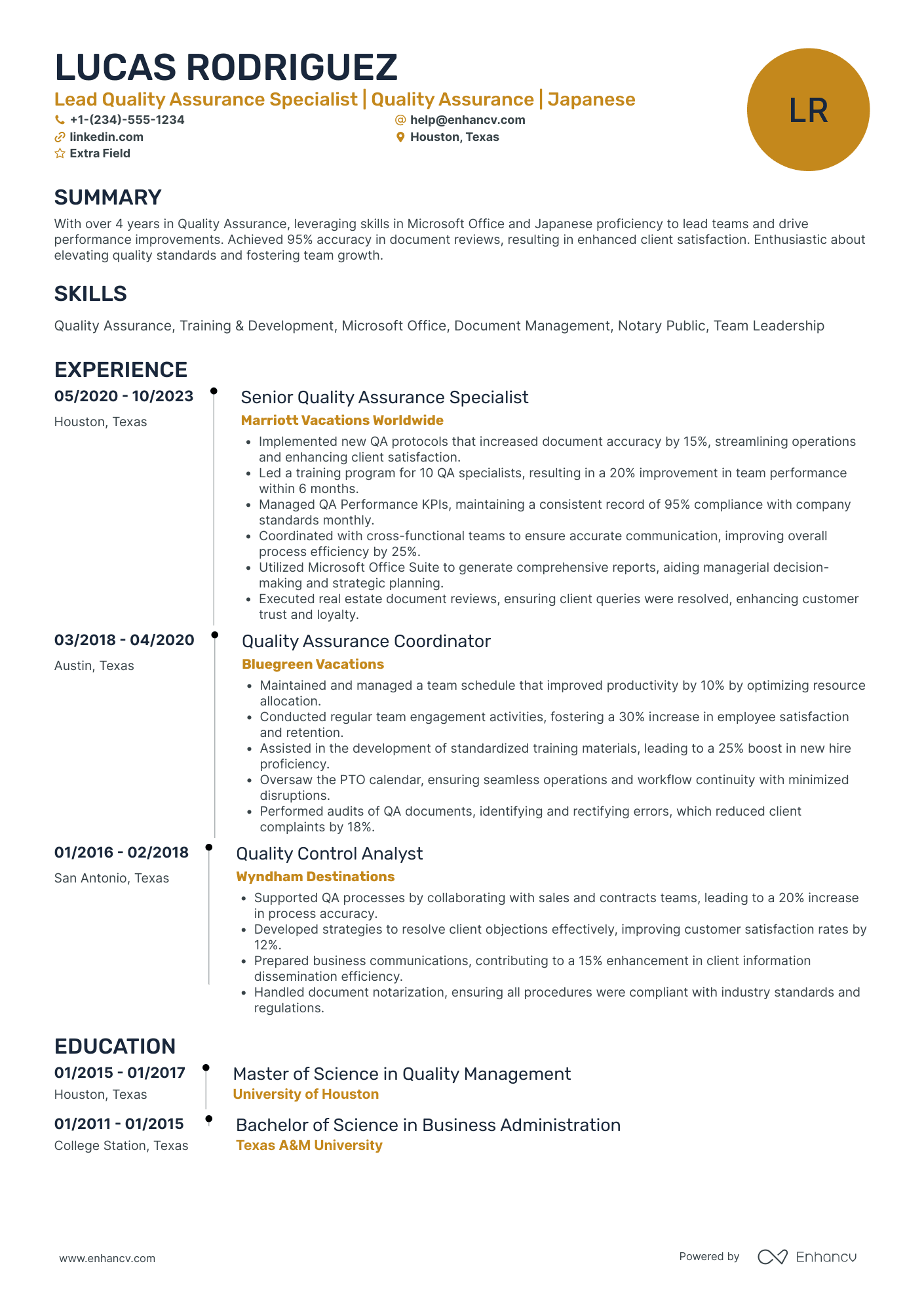 Lead Quality Assurance Specialist Resume Example