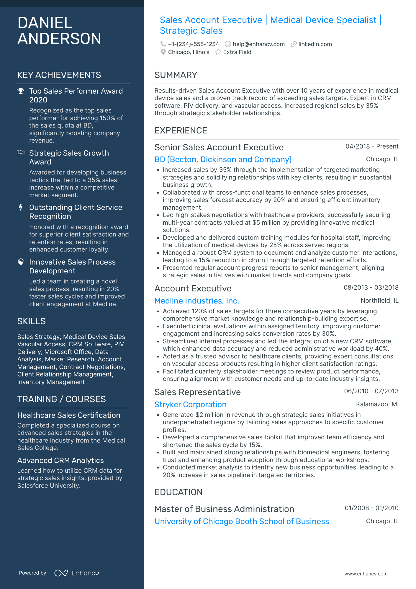 Medical Sales Account Executive Resume Example