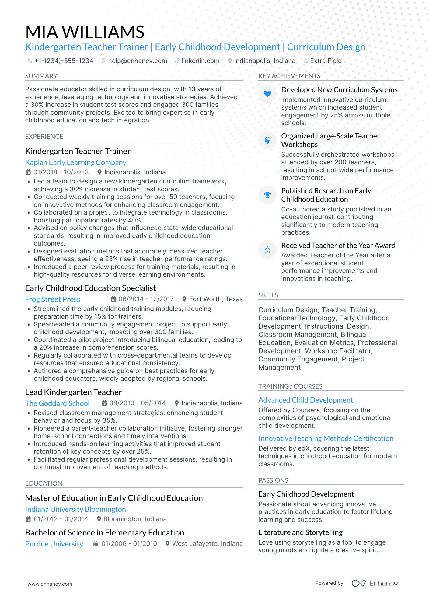 Kindergarten Teacher Trainer Resume Example