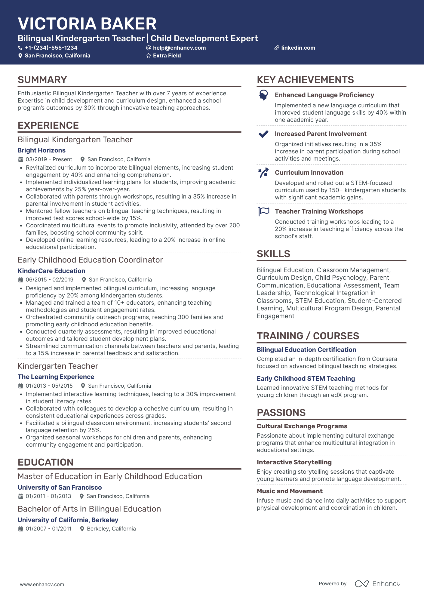 Bilingual Kindergarten Teacher Resume Example