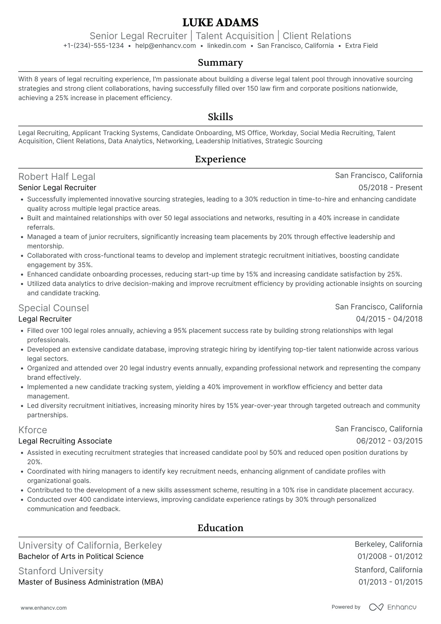 Experienced Legal Recruiter Resume Example