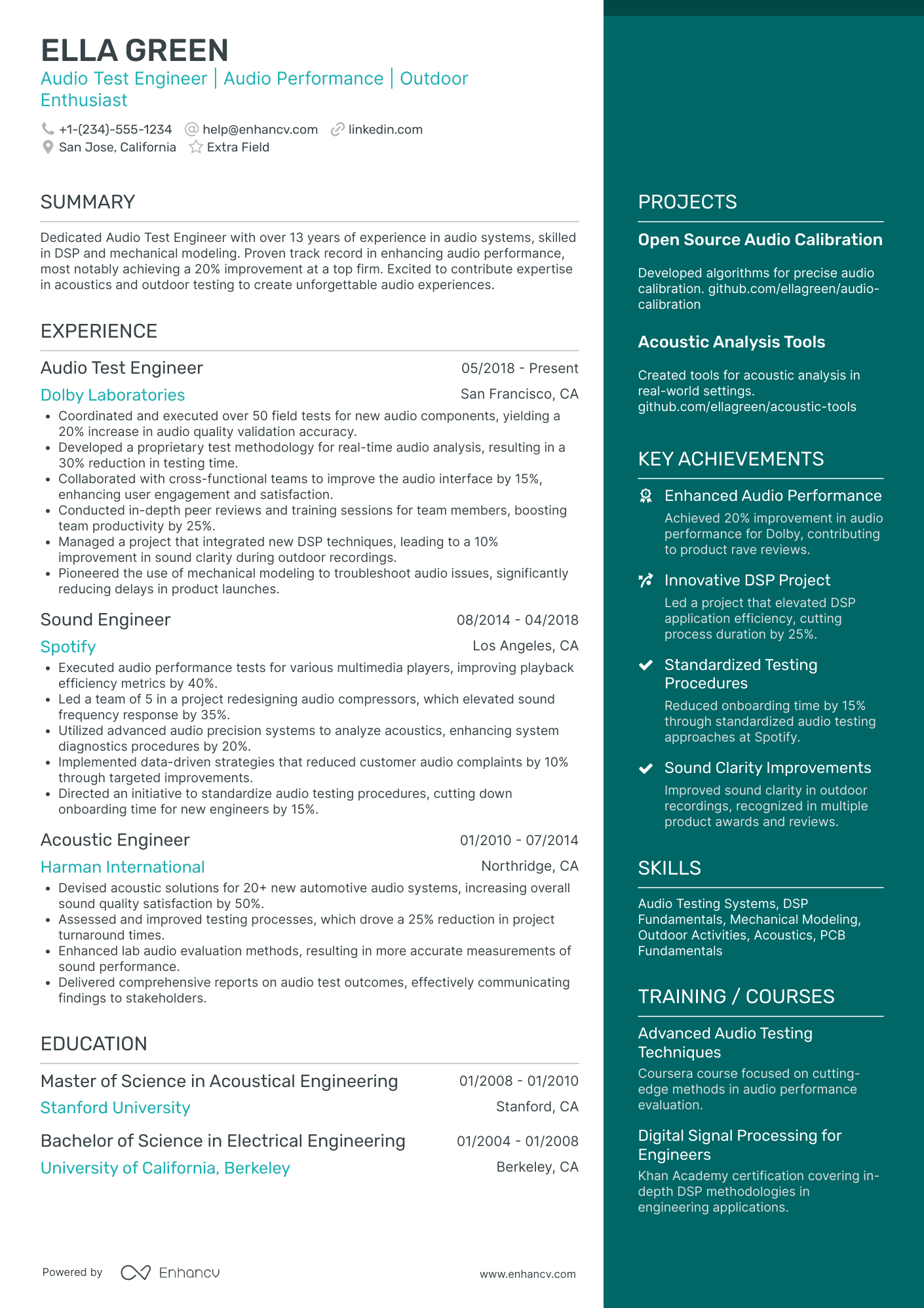 Audio Test Engineer Resume Example