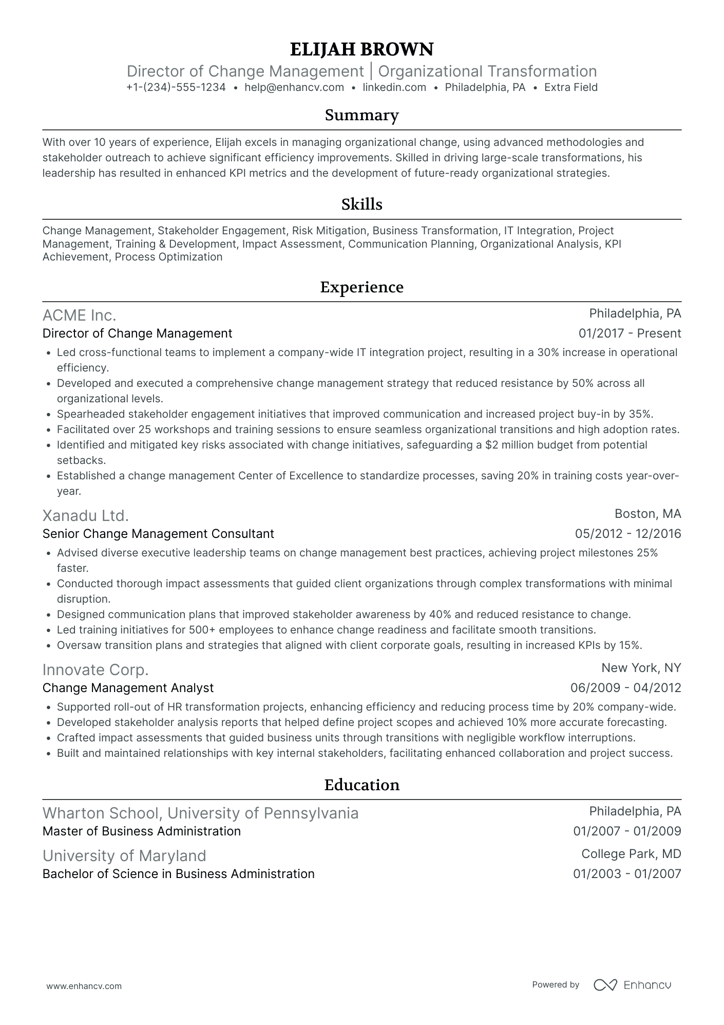 Change Management Director Resume Example