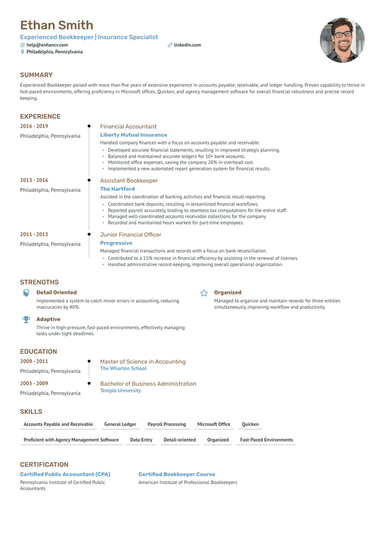Insurance Agency Bookkeeper Resume Example