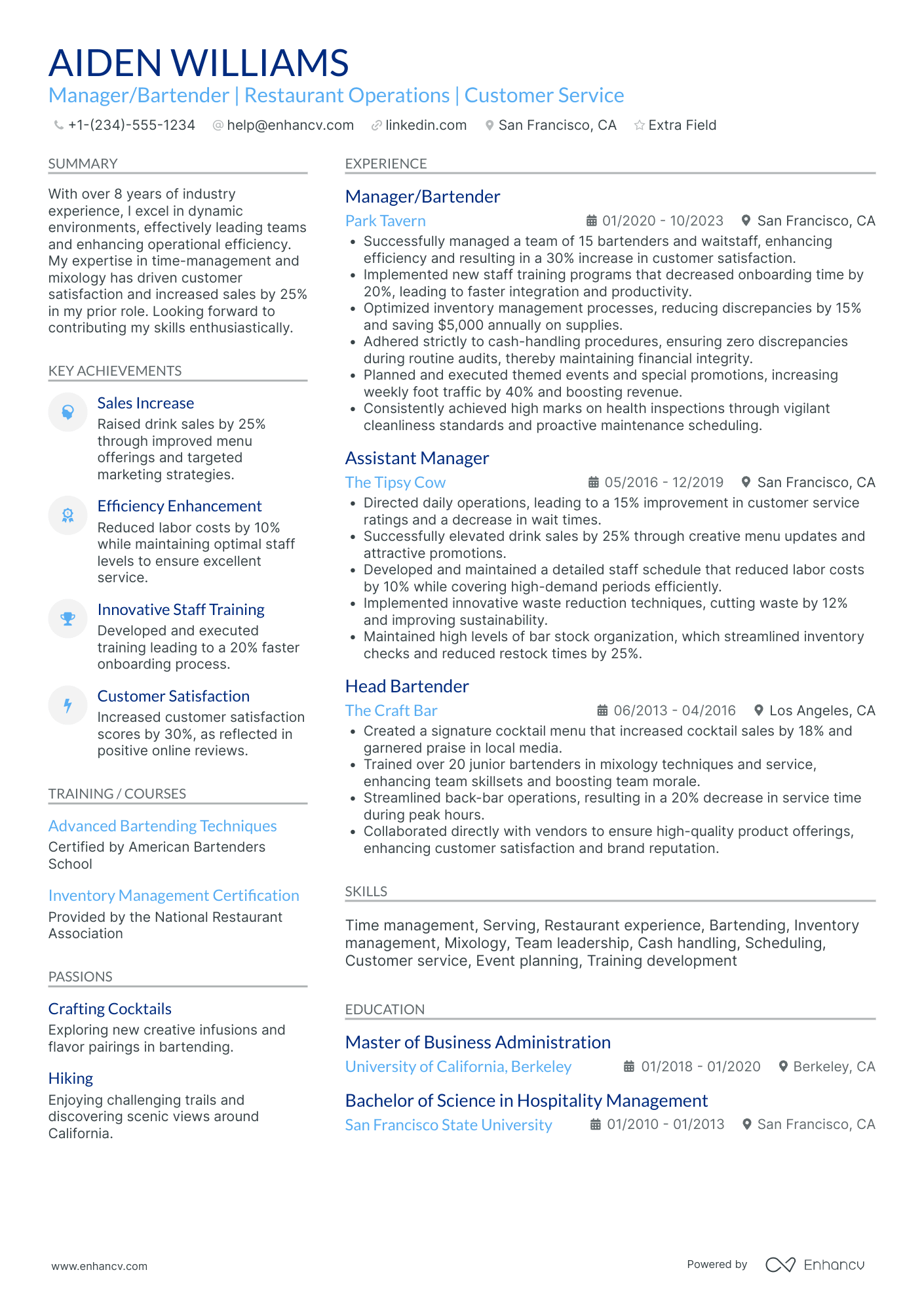 Bartender Manager Resume Example