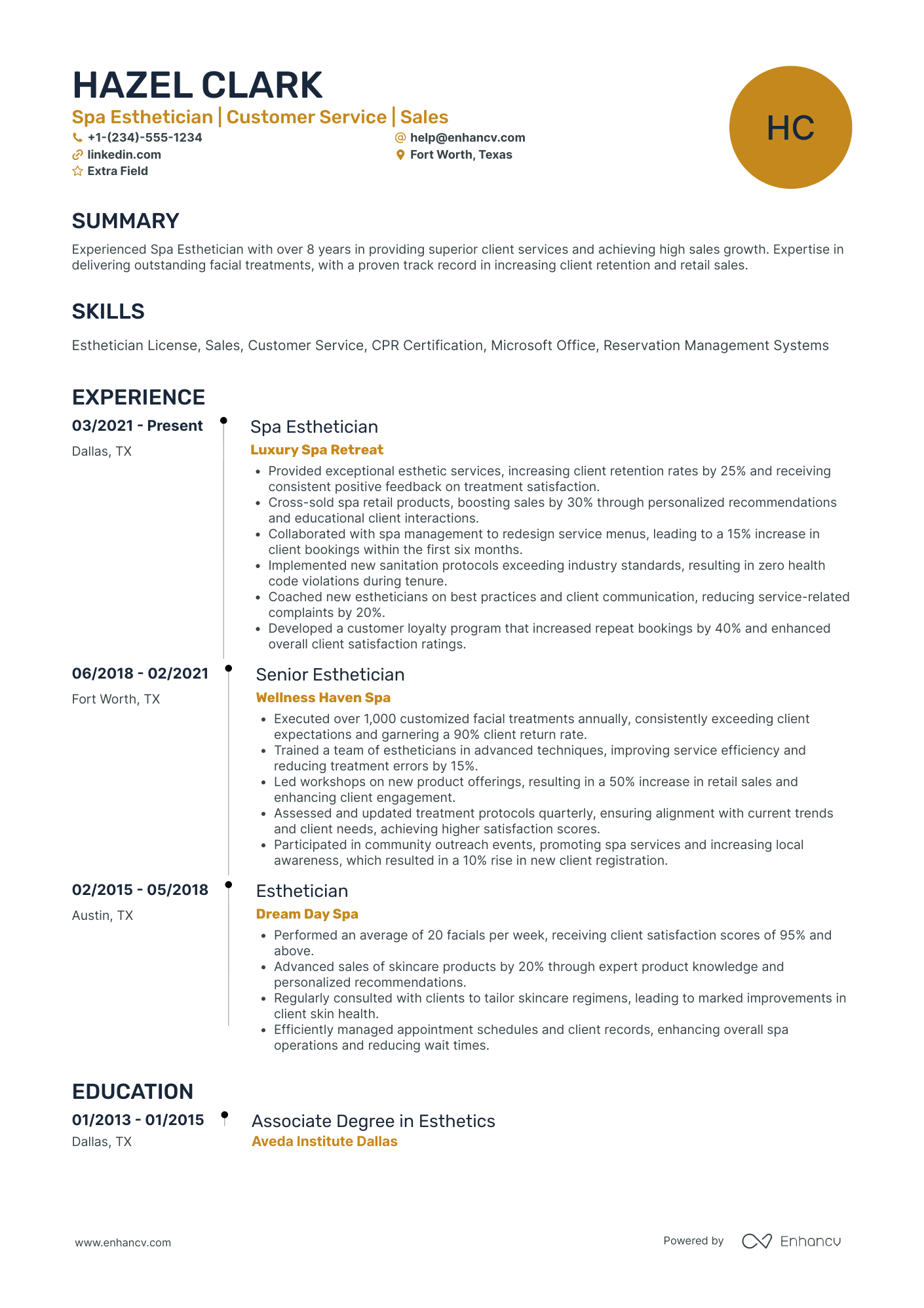 Spa Esthetician Resume Example