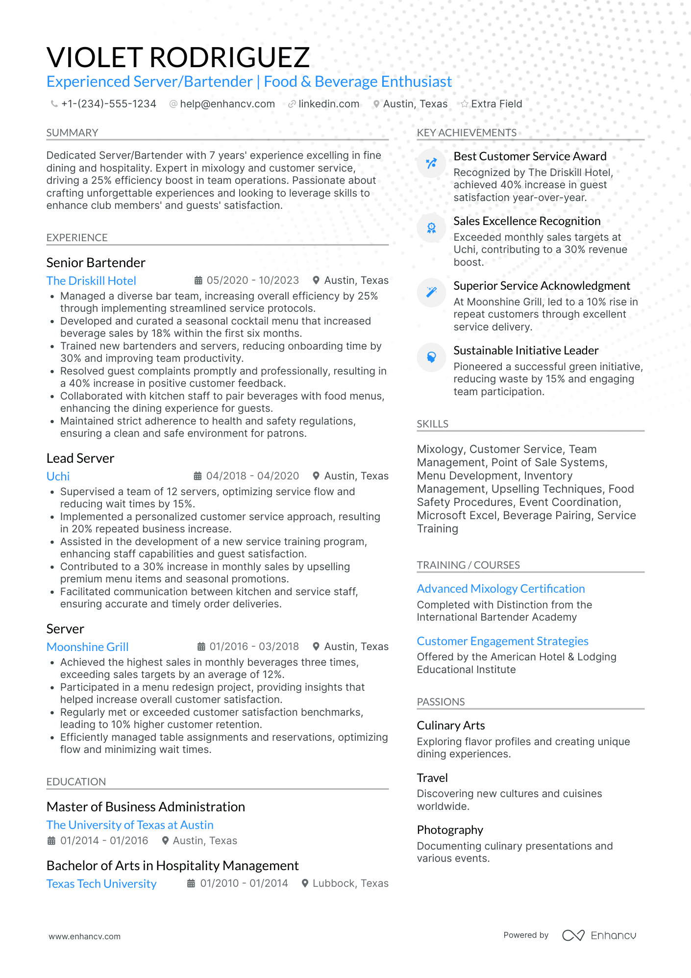 Seasonal Fine Dining Server Resume Example