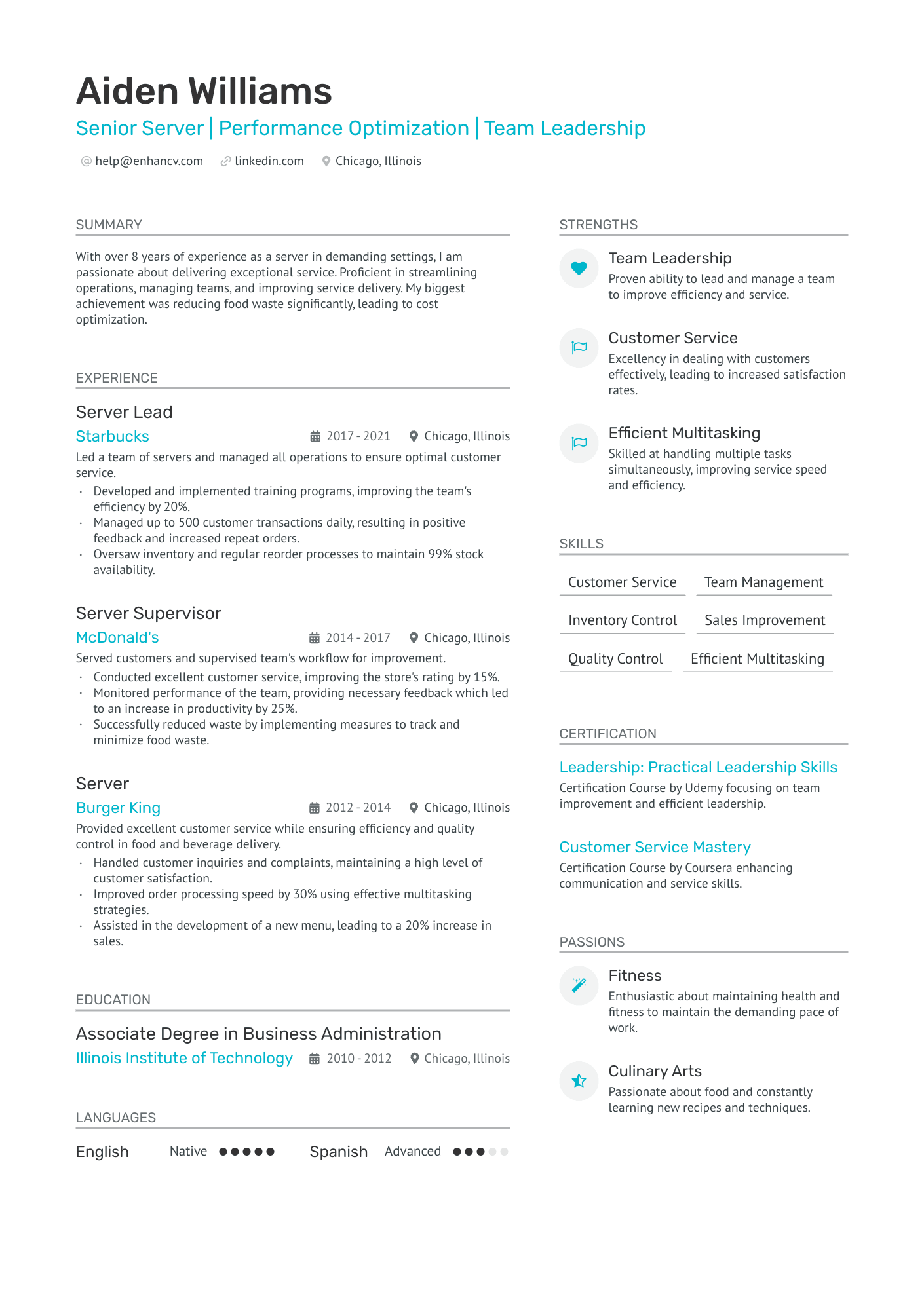 Senior Server Resume Example